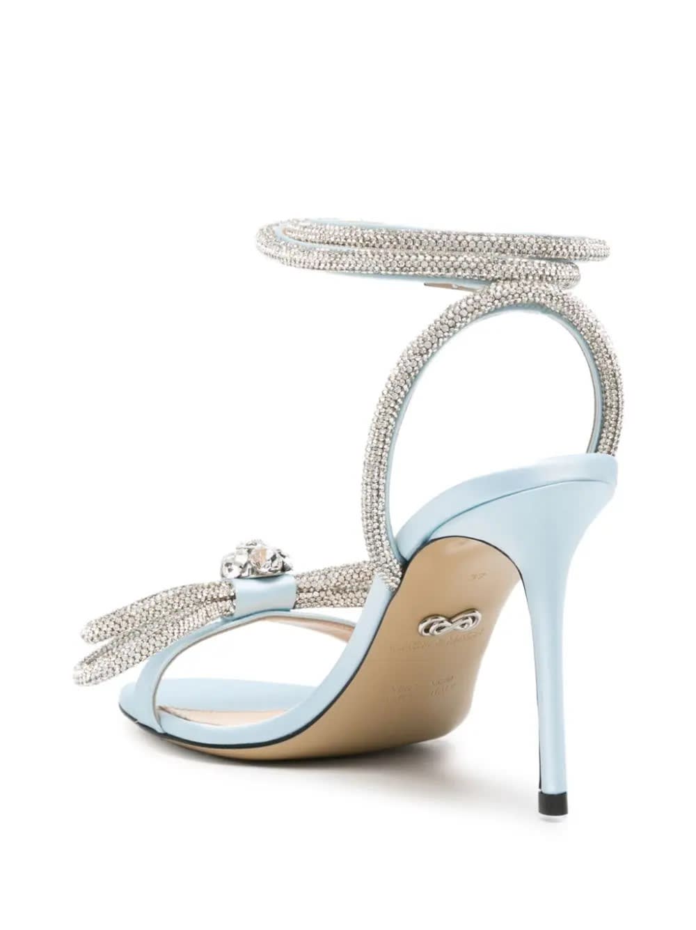 Shop Mach &amp; Mach Double Bow 95 Mm Sandals In Light Blue Satin With Crystals