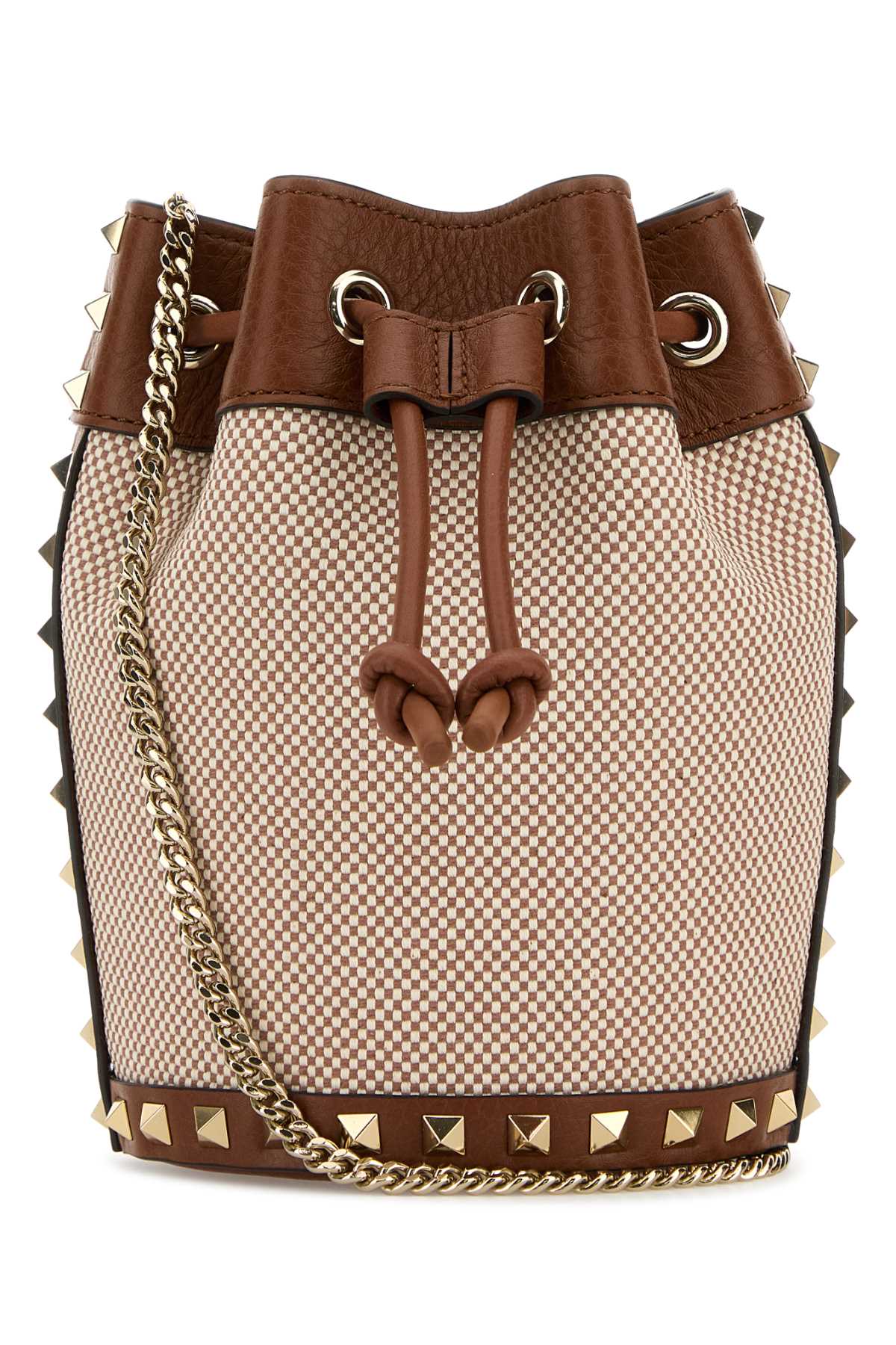 Shop Valentino Two-tone Canvas Rockstud Bucket Bag In Naturaletobaccoselleria