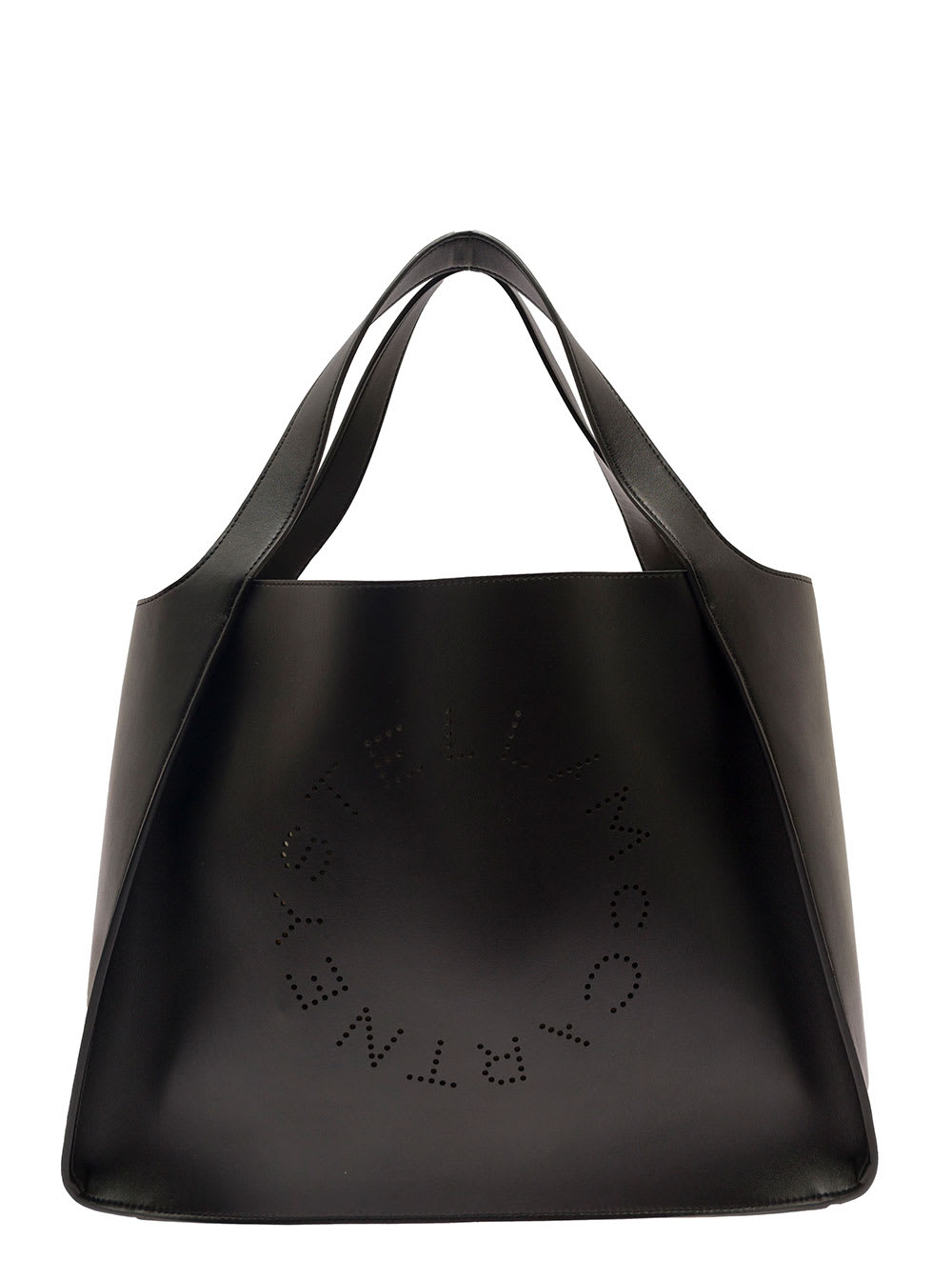 Shop Stella Mccartney Black Tote Bag With Perforated Logo In Faux Leather Woman