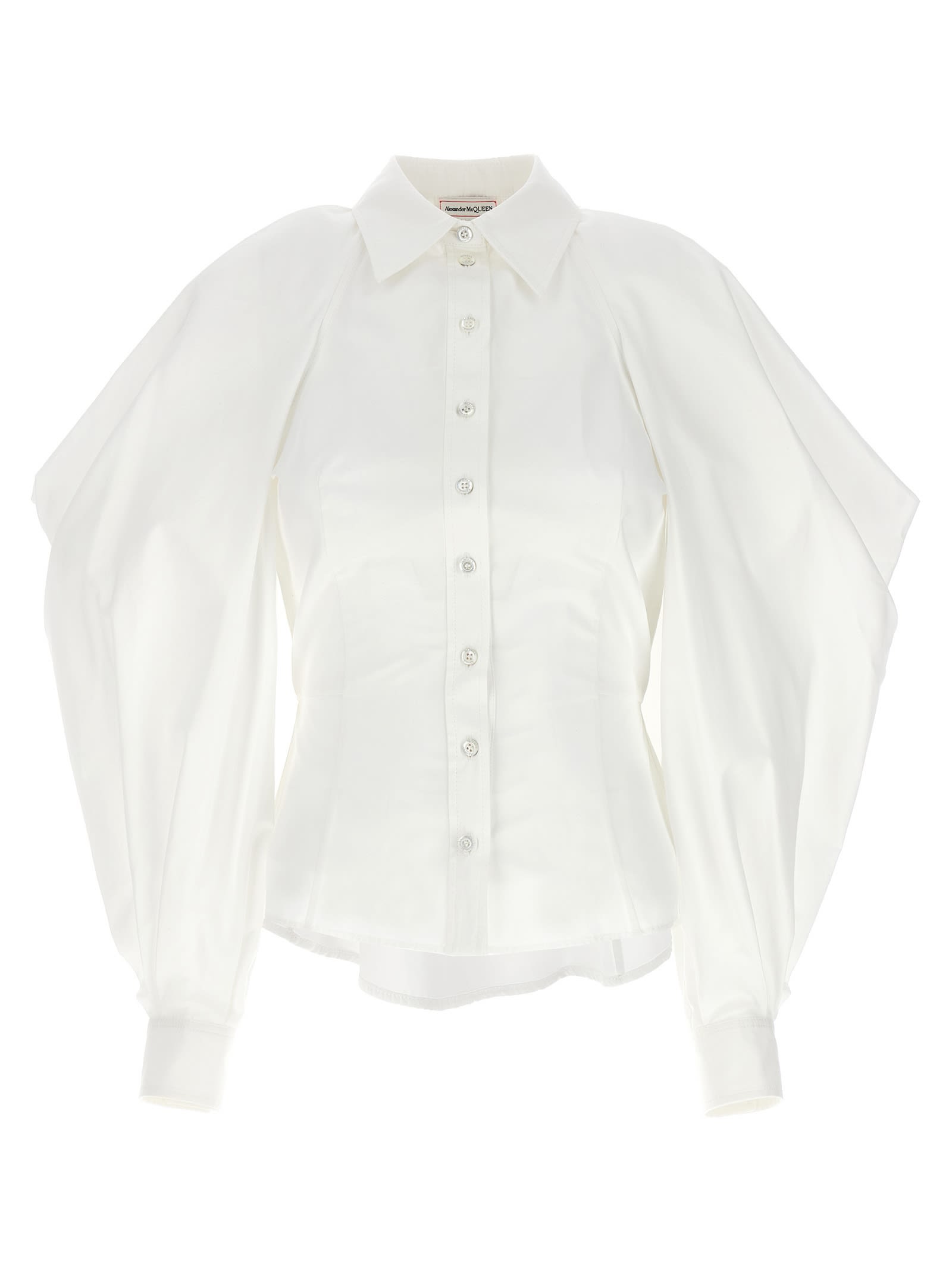 ALEXANDER MCQUEEN SHIRT WITH DRAPED SLEEVES AND CUT-OUT IN OPTICAL WHITE