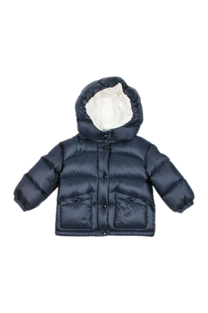 Shop Moncler Bardanette Down Jacket In Real Goose Down With Integrated Hood And Elastic At The Bottom And On The  In Blu