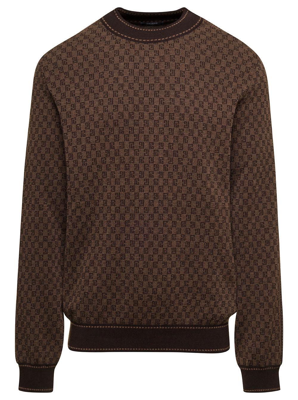 Shop Balmain Brown Crewneck Sweater With All-over Retro Monogram Print In Stretch Wool Man In Marron/marron Foncè