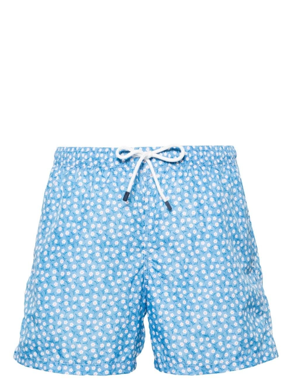 Light Blue Swim Shorts With Micro Daisy Pattern