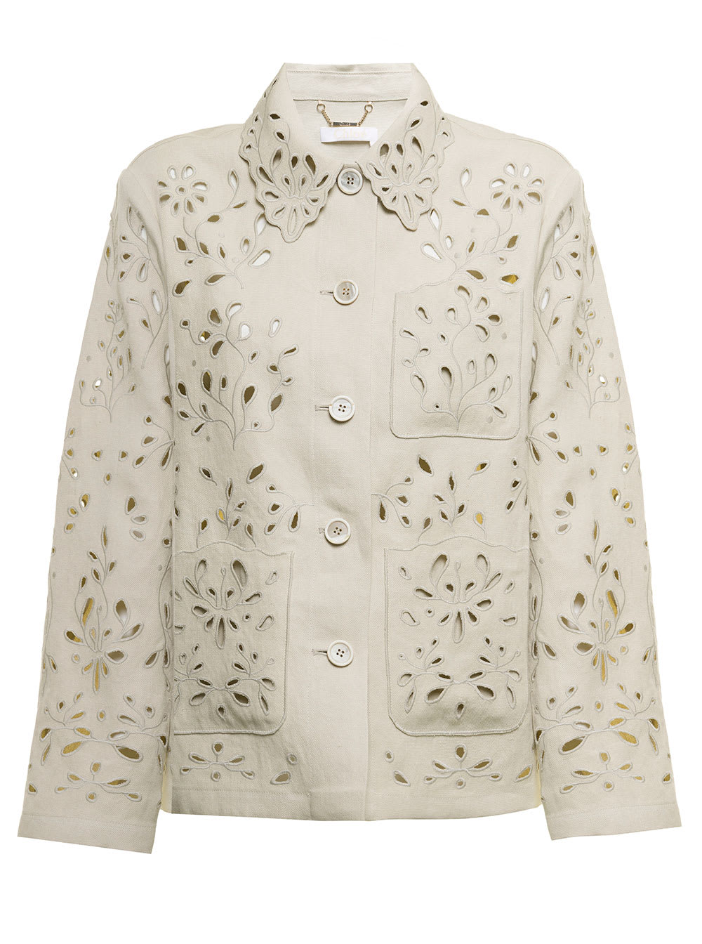 Chloé Womans Embroidered Canvas Ivory Colored Shirt