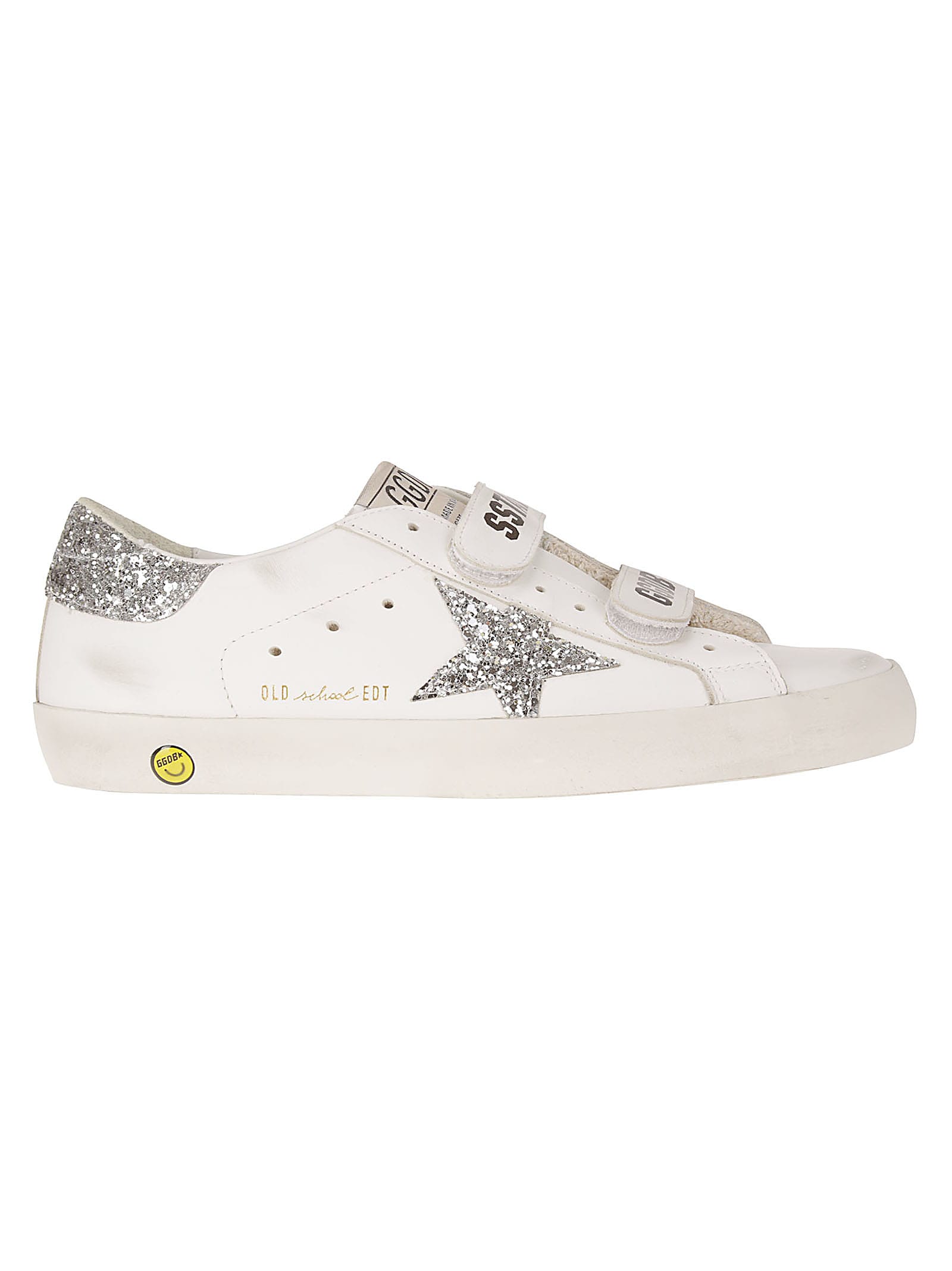 Golden Goose Kids' Old School Leather Upper Suede Toe Glitter Star In White/ice/silver