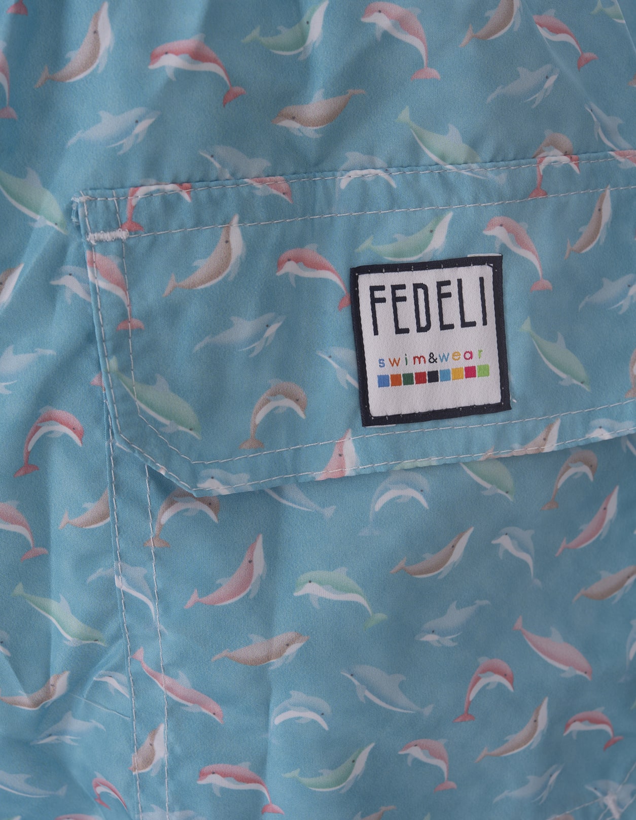 Shop Fedeli Light Blue Swim Shorts With Multicolour Dolphin Pattern