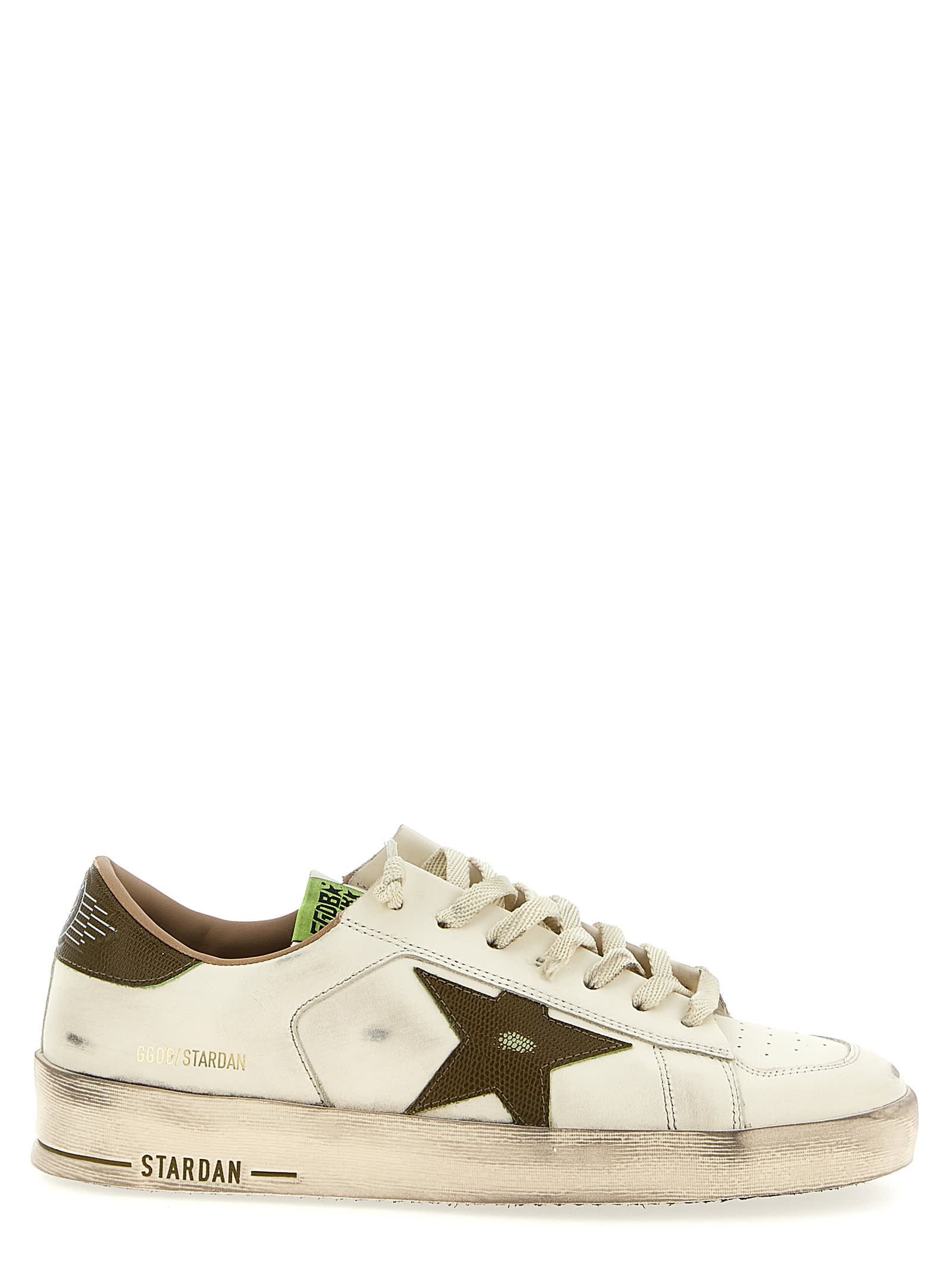 Golden Goose Stardan White Leather Sneakers With Green Star And Heel In Green