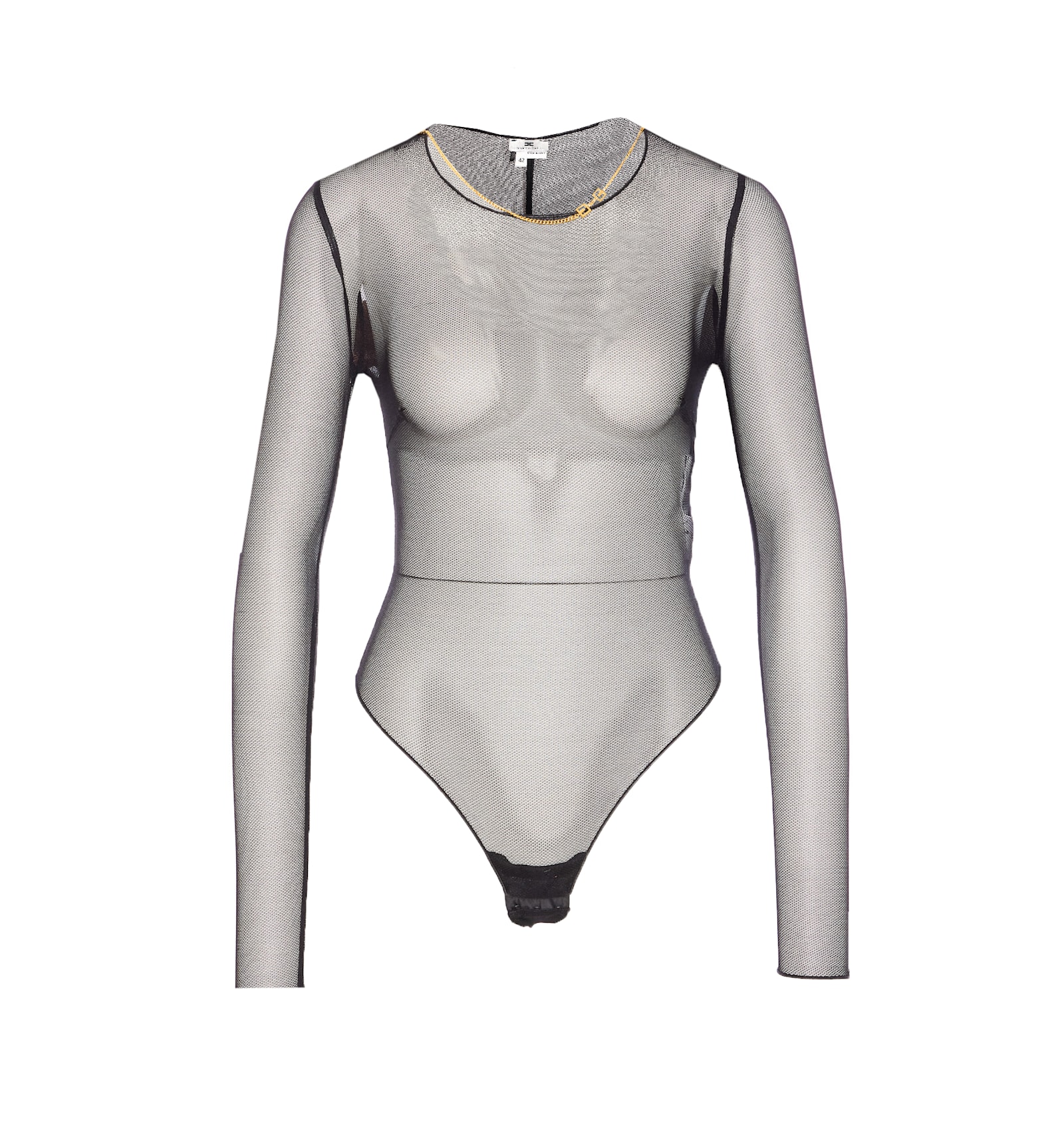 Elisabetta Franchi Bodysuit With Gold Chain And Sheer Fabric In Black