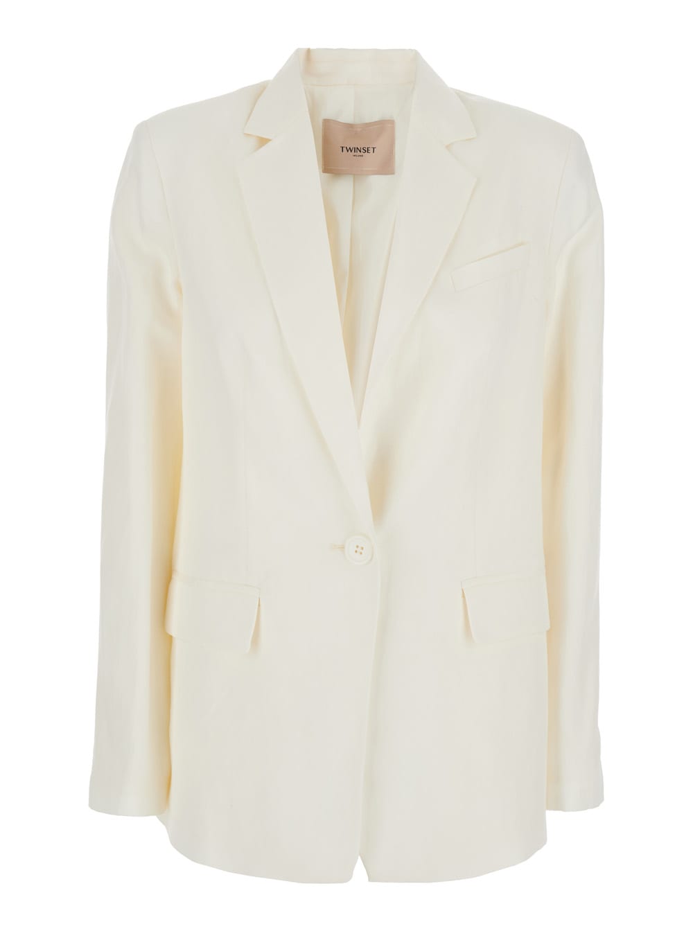 TWINSET WHITE SINGLE-BREASTED JACKET WITH NOTCHED REVERS AND DROPPED SHOULDERS IN LINEN BLEND WOMAN