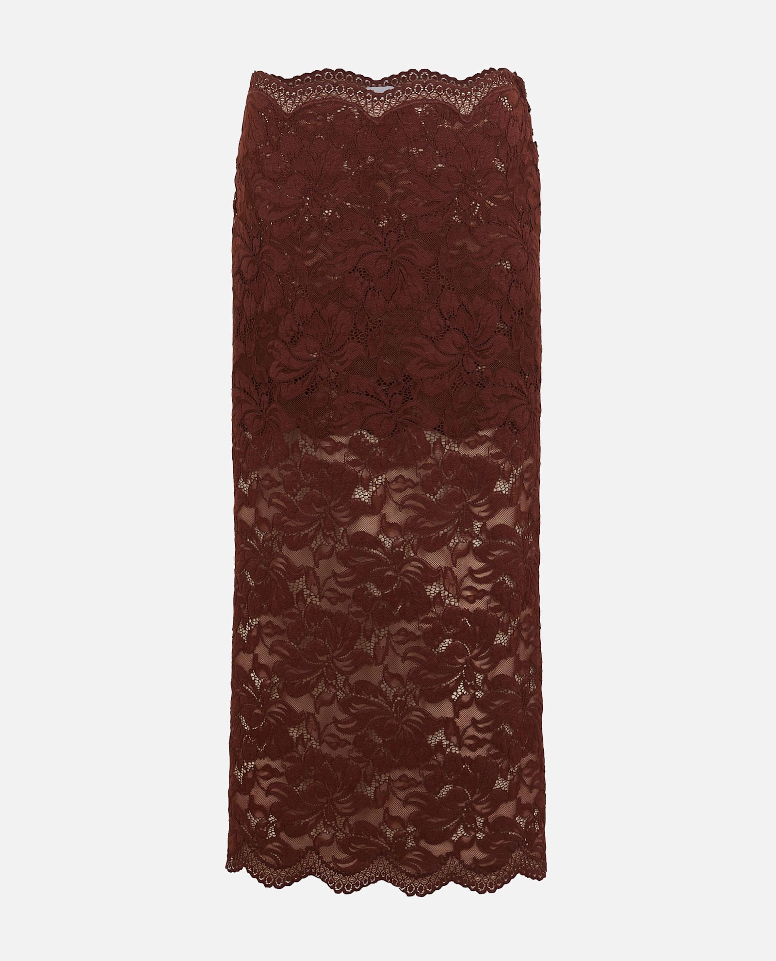 Rabanne Floral Lace Brown Midi Skirt With Scalloped Hem In Brown