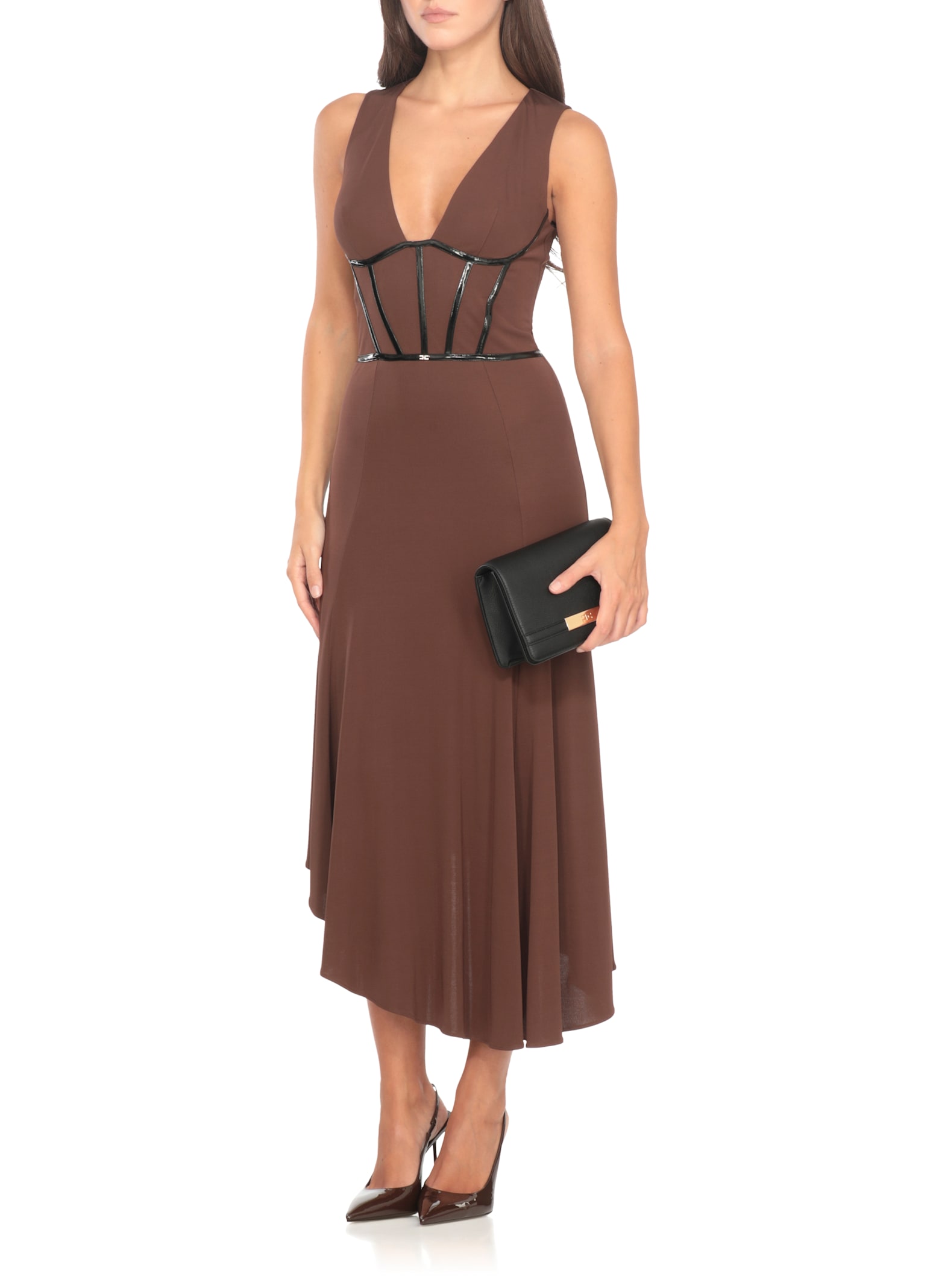 Elisabetta Franchi Midi Dress With Asymmetrical Hem And Corset In Brown