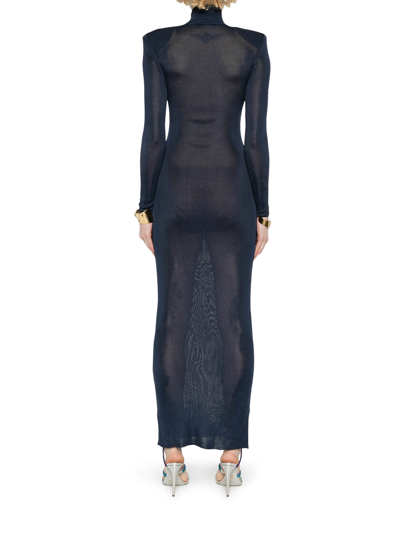 Self-portrait Ribbed Lurex Knit Turtleneck Maxi Dress In Blue