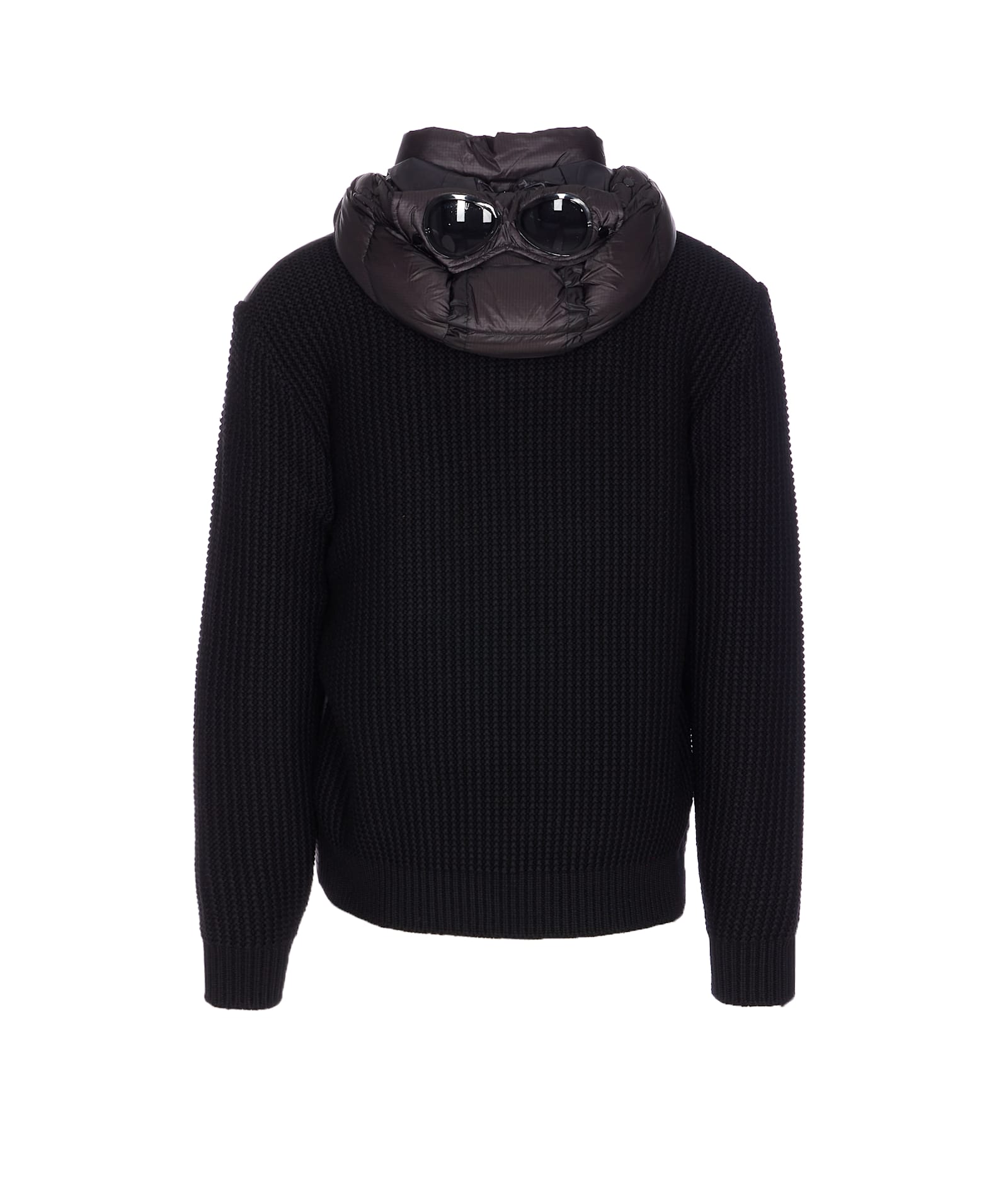 C.p. Company Black Wool Knit Jacket With Padded Hood In Black