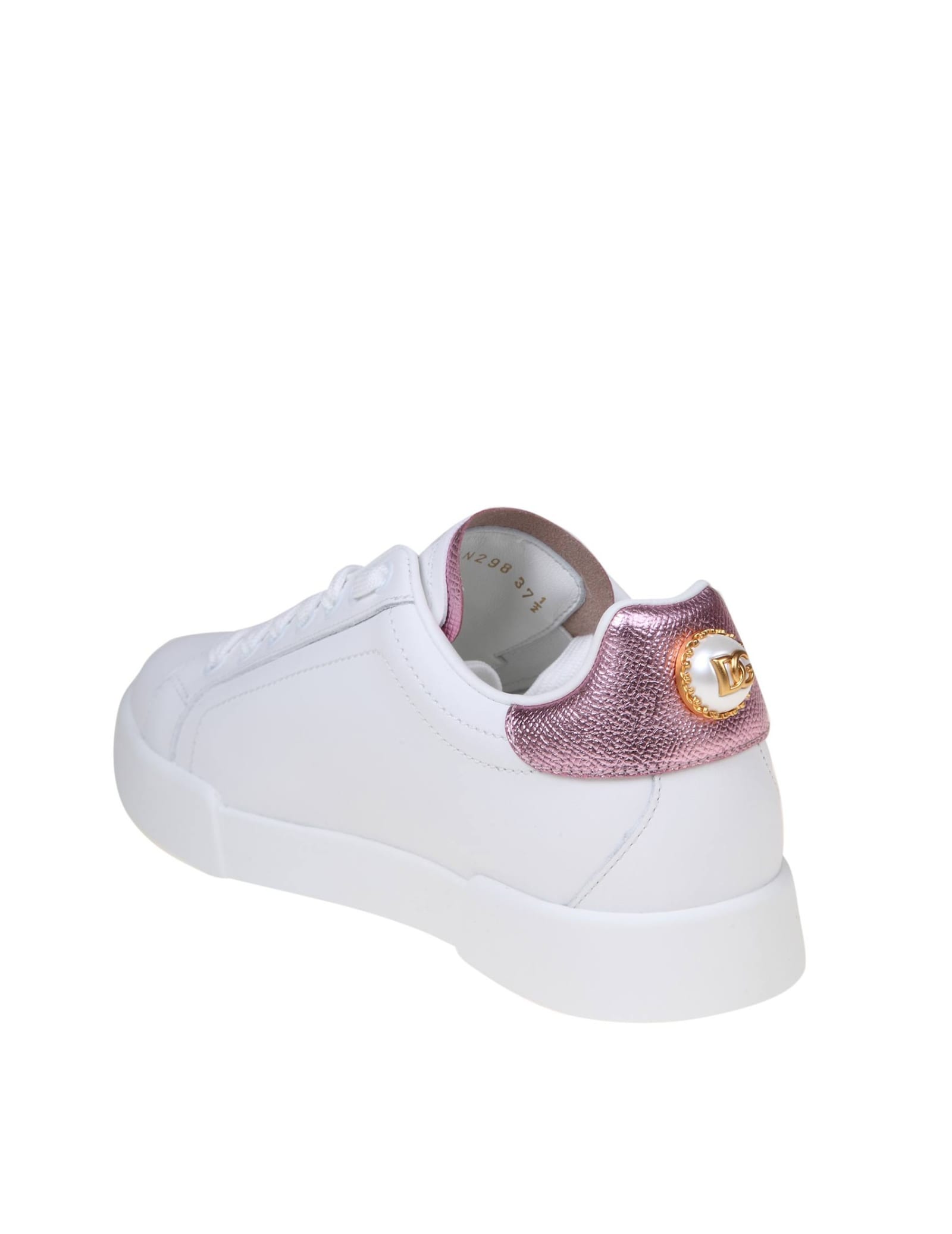 Shop Dolce & Gabbana Portofino Sneakers In White Leather With Logo Pearl In White/pink