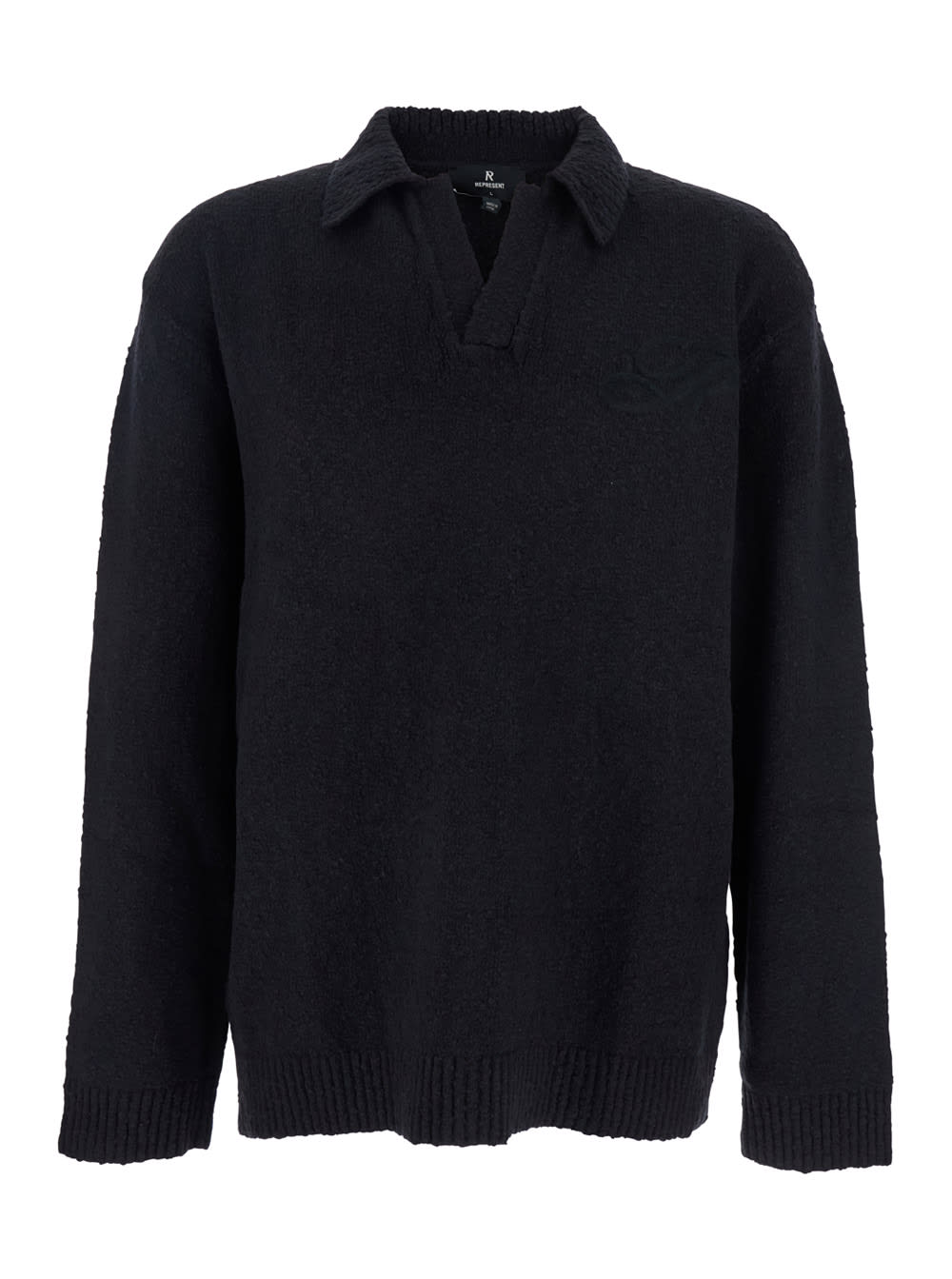 Represent Black Long-sleeve Polo Shirt With Classic Collar And Ribbed Trims In Cotton Blend Stretch Man In Black