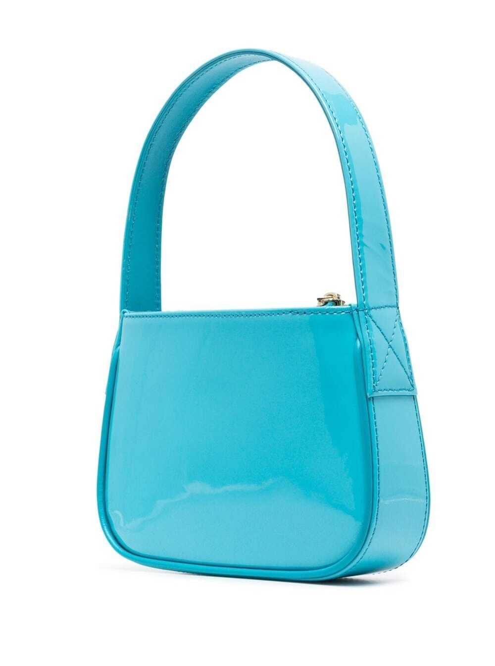 Shop Blumarine Light Blue- Patent Finish Mini Bag With Rhinestone-embellished Logo In Calf Leather Woman