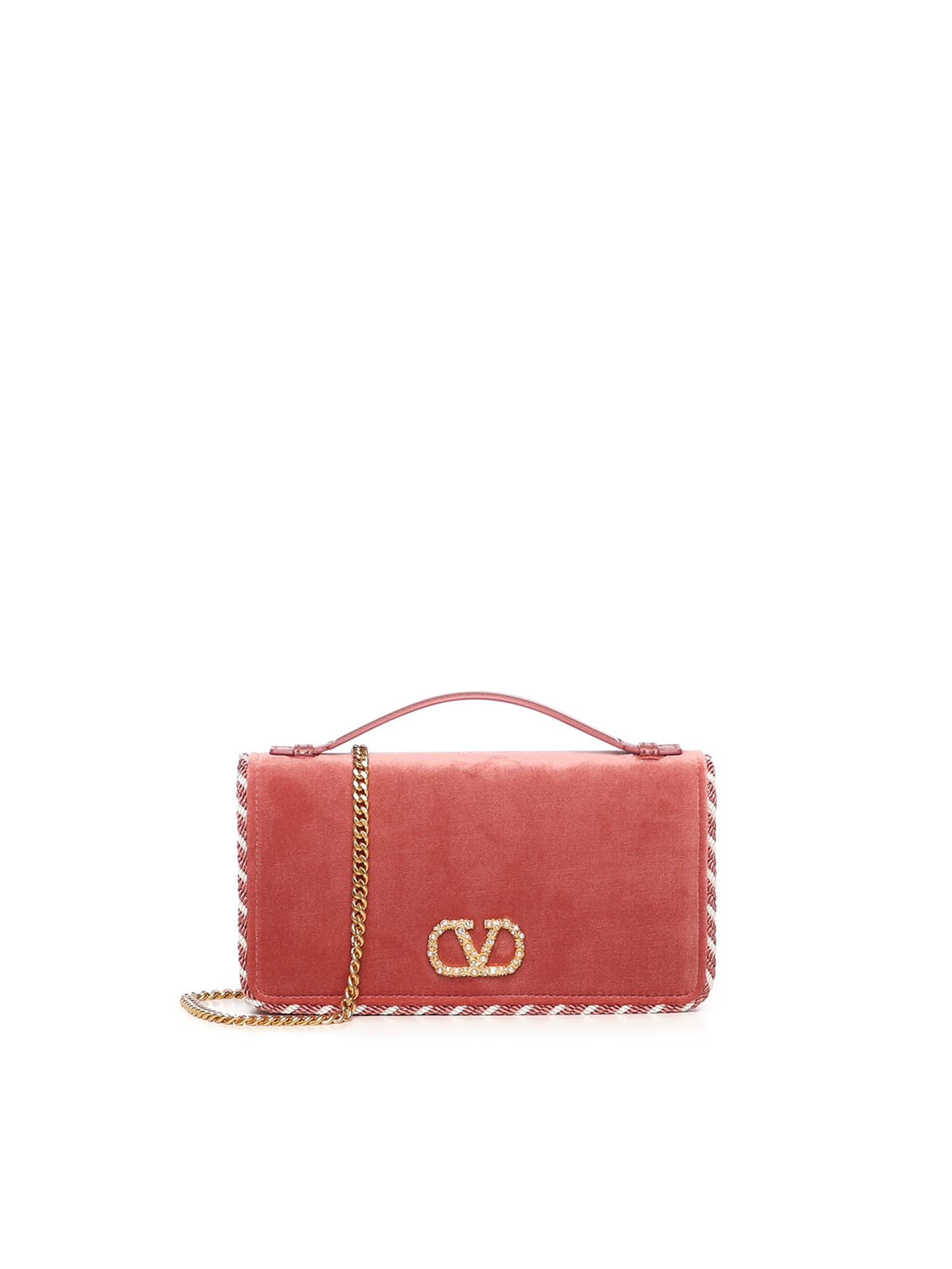 Valentino Garavani Vlogo Signature Velvet Chain Wallet With Jeweled Logo In Pink