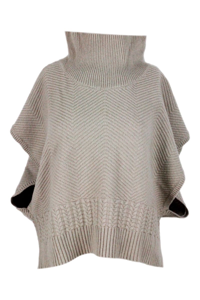 Armani Collezioni Poncho Sweater With High Neck With Diagonal Knitting And Braids