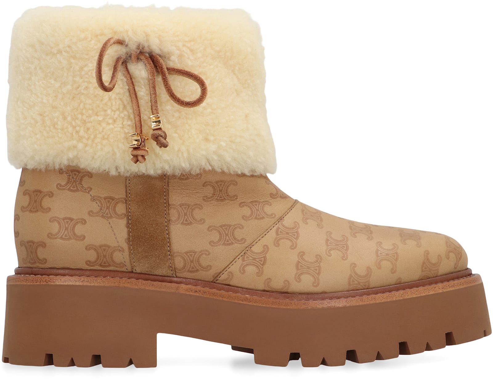 Celine Bulky Leather Boots With Triomphe All-over Motif In Nude