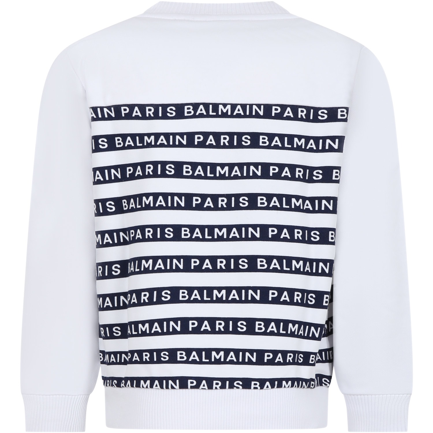 Shop Balmain White Sweatshirt For Kids With Blue Stripes And Logo