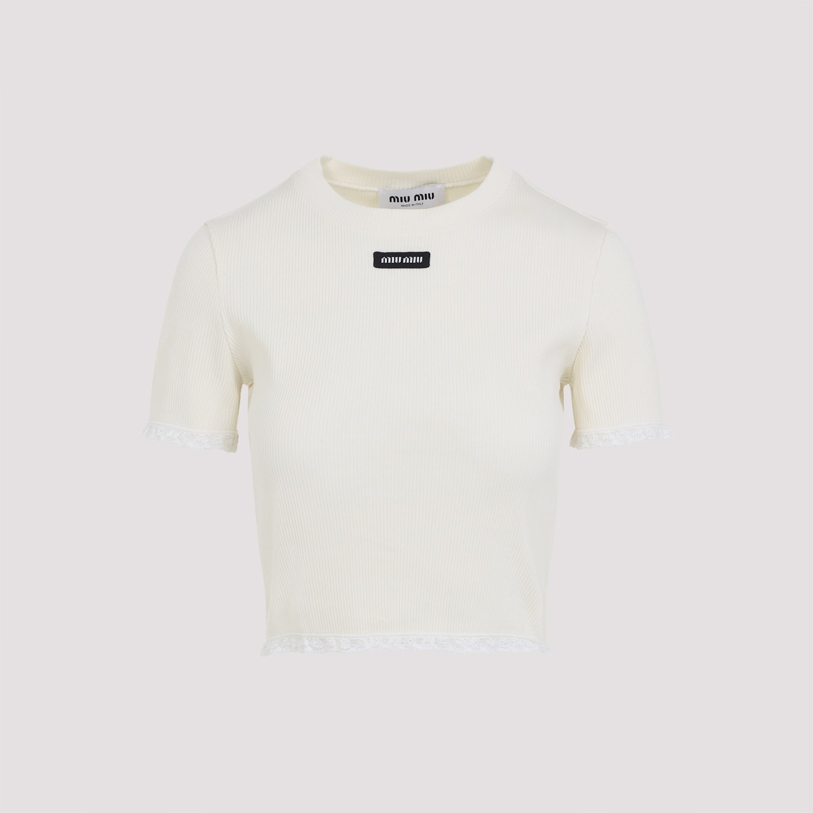 Miu Miu Womens Avorio Logo-patch Ribbed Cotton-knit T-shirt In Neutral