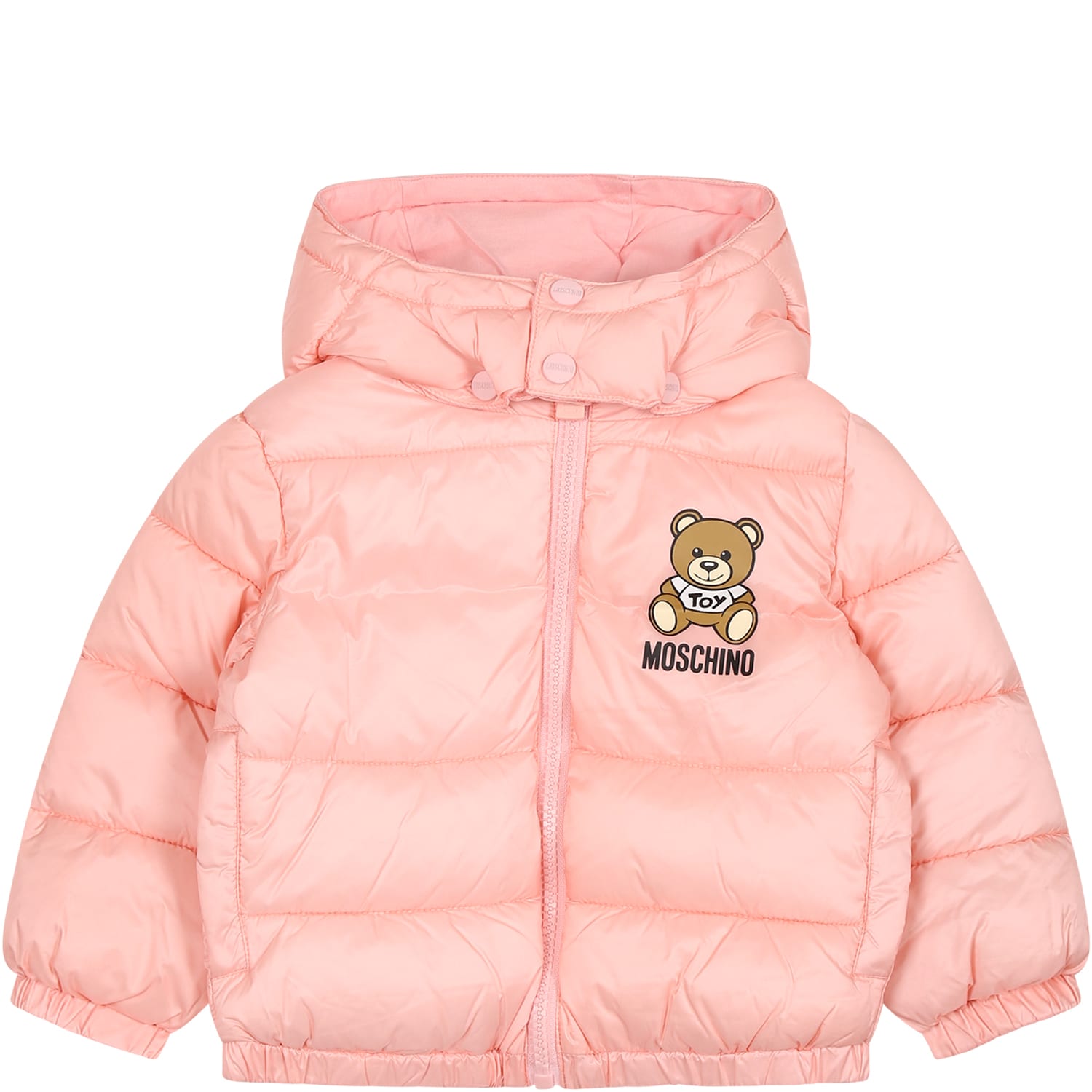 Moschino Pink Down Jacket For Baby Girl With Teddy Bear And Logo