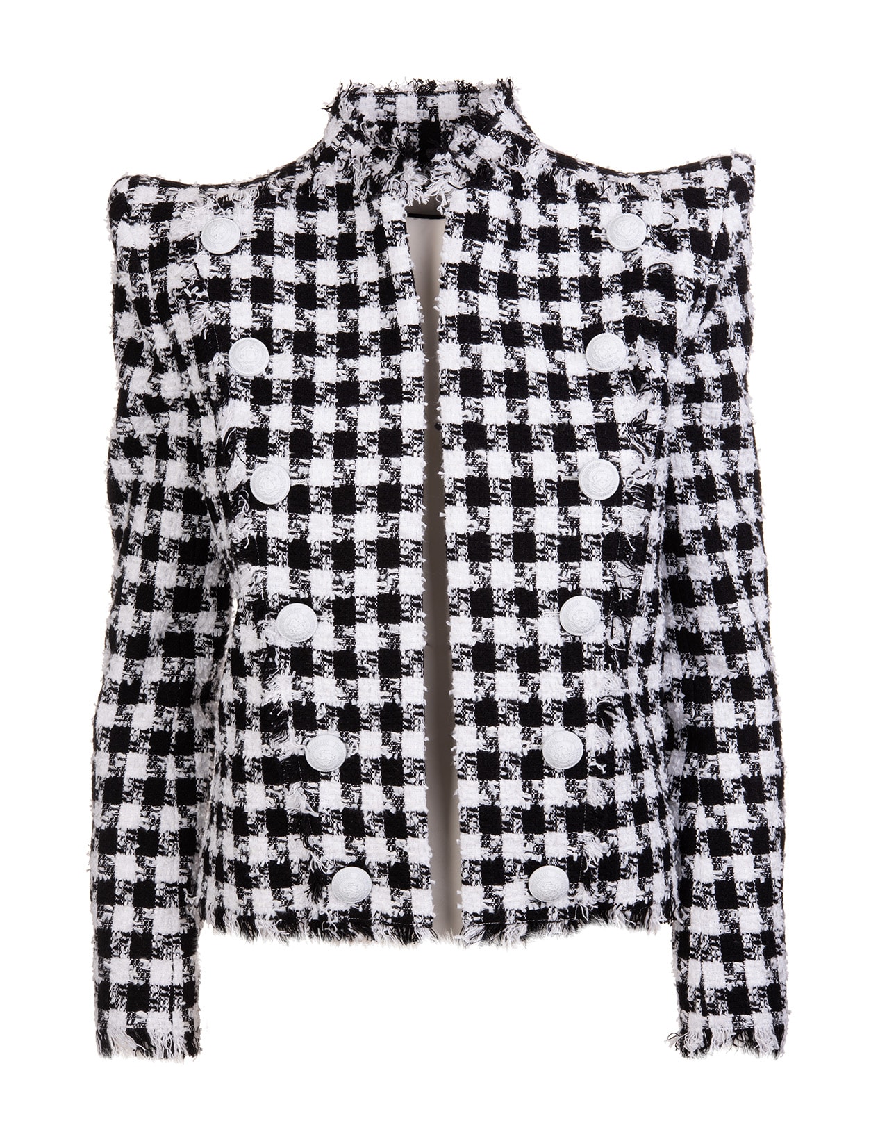 Balmain Black And White Tweed Blazer With Houndstooth Motif And White Embossed Buttons