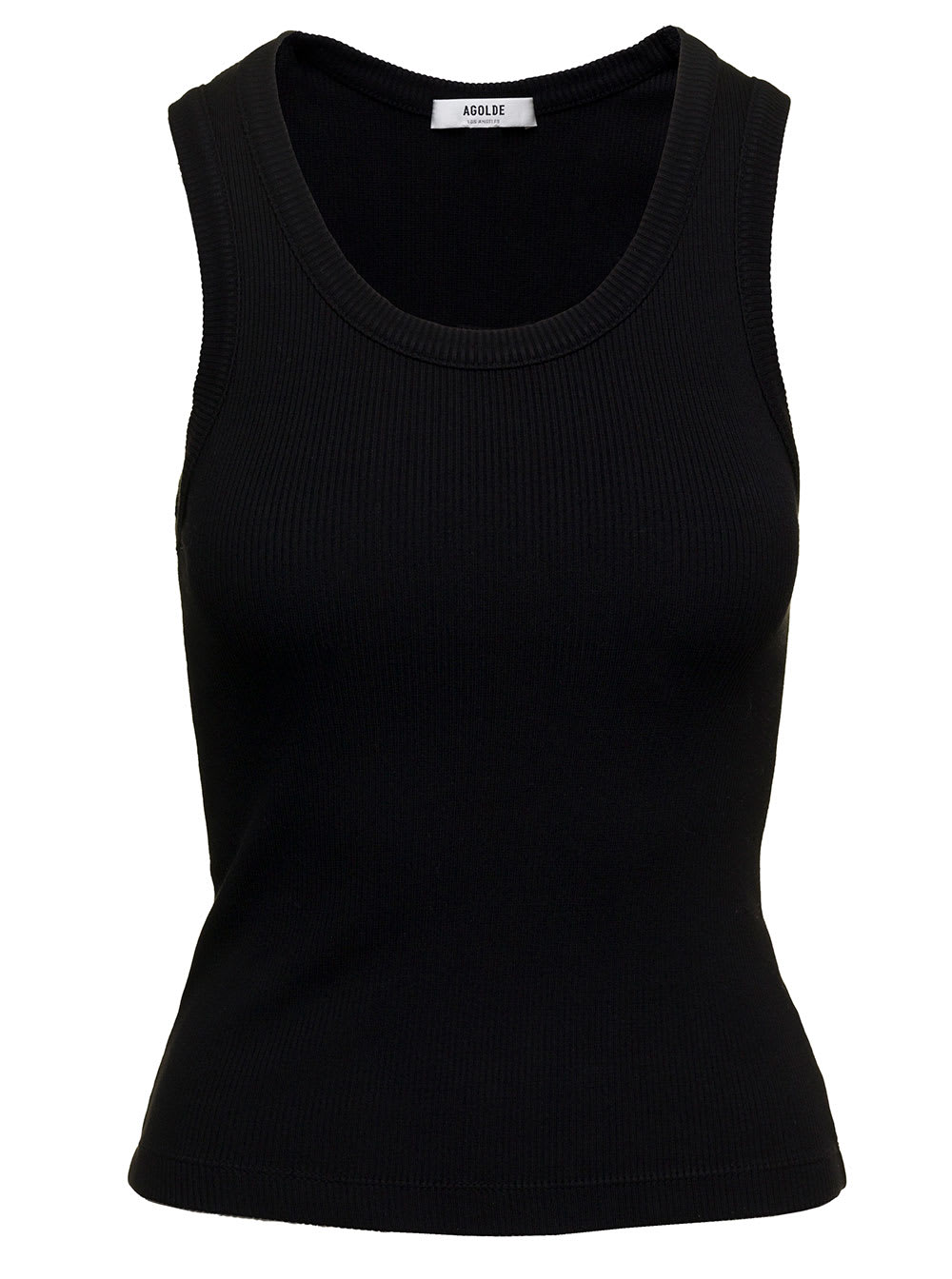 Black Ribbed Tank Top With U Neckline In Cotton Blend Woman