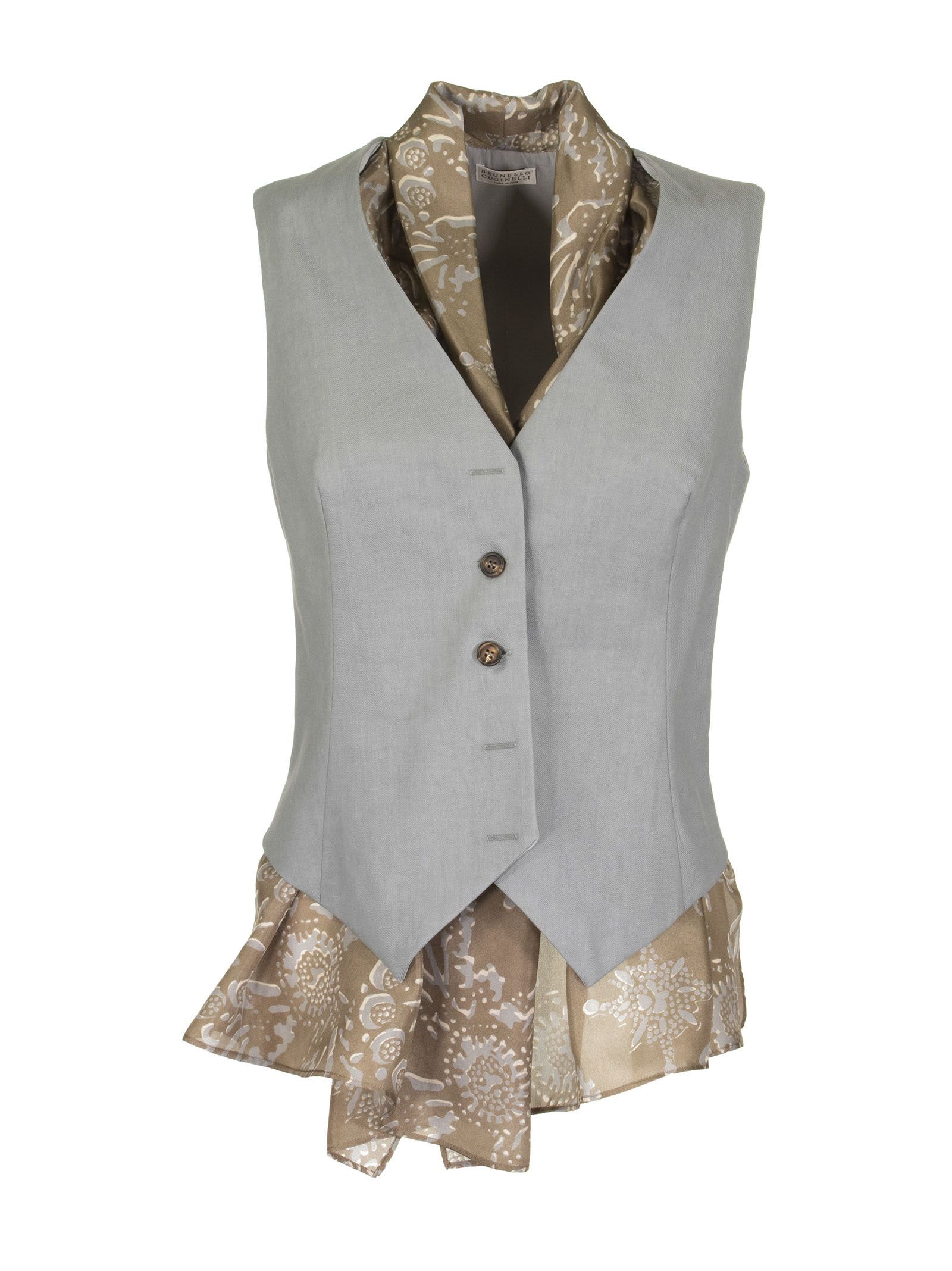 Brunello Cucinelli Comfort Linen And Cotton Drill Vest With Exotic Silk Pongee Insert Vest In Light Grey