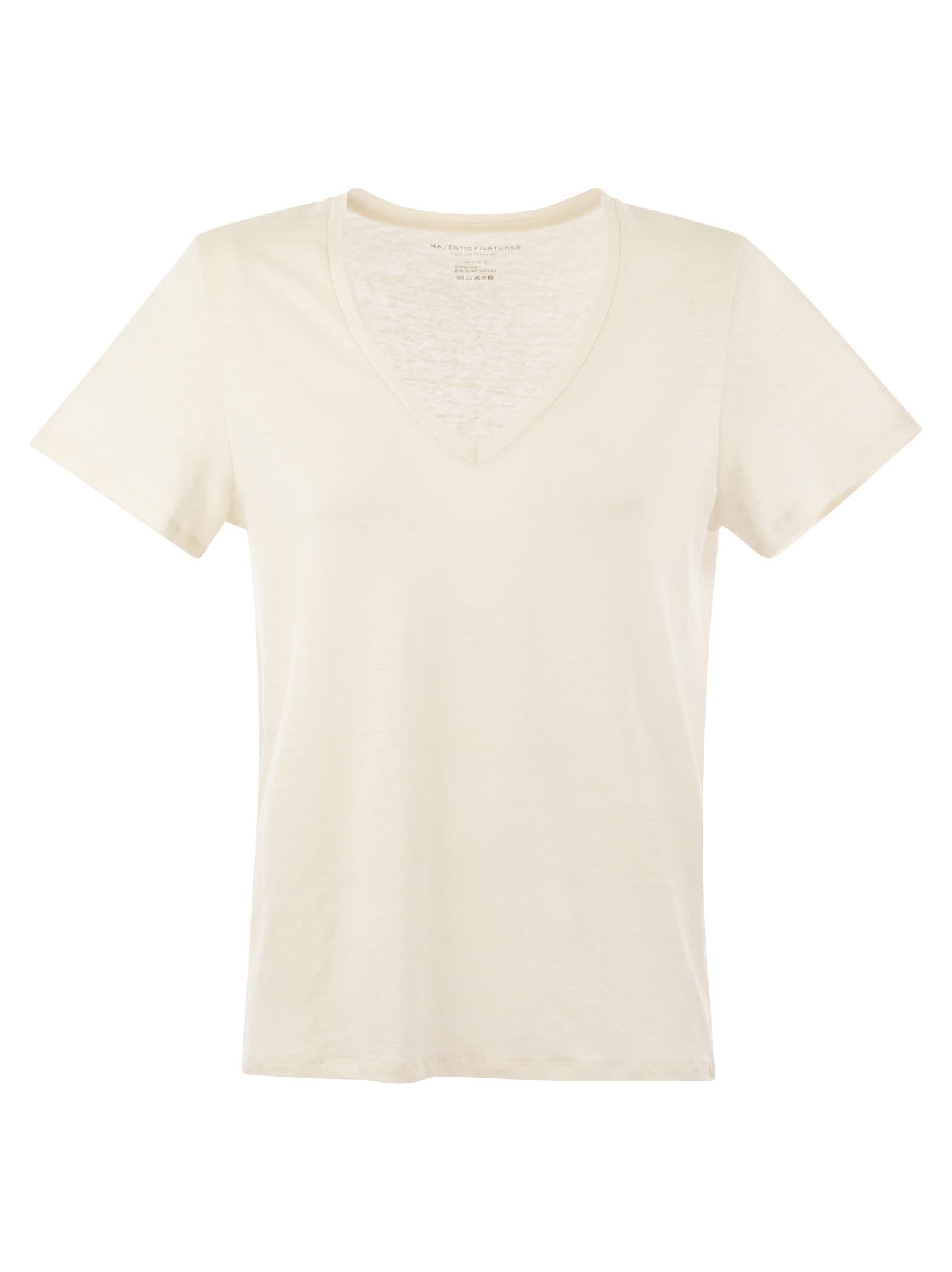 Shop Majestic Linen V-neck T-shirt With Short Sleeves In Cream