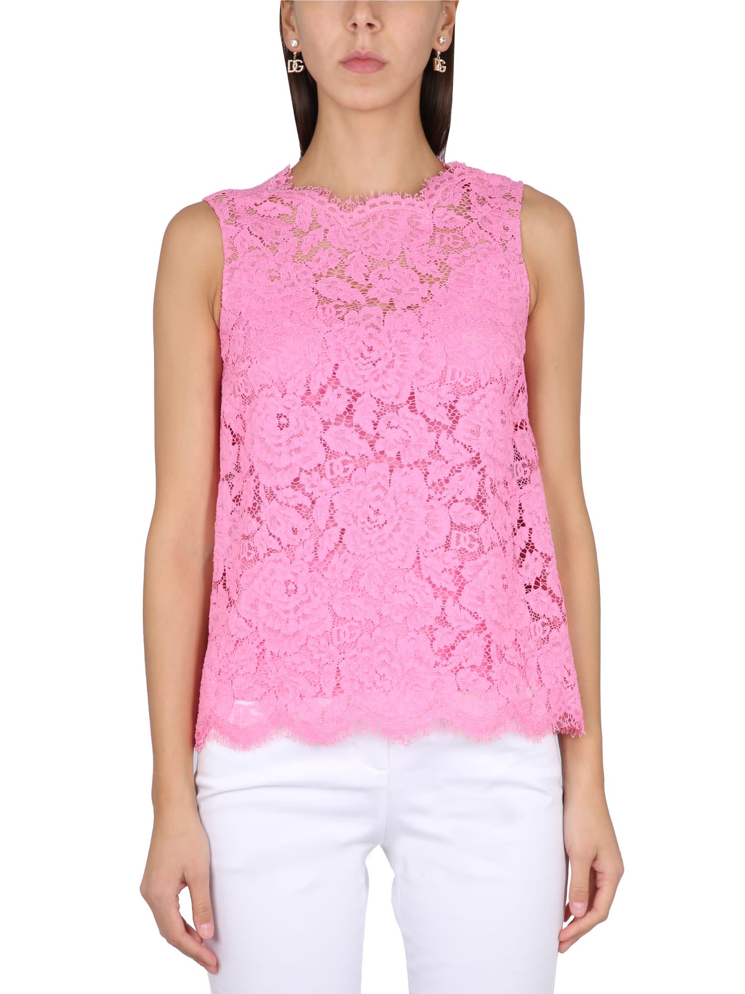 Dolce & Gabbana Branded Stretch Lace Top In Rosa