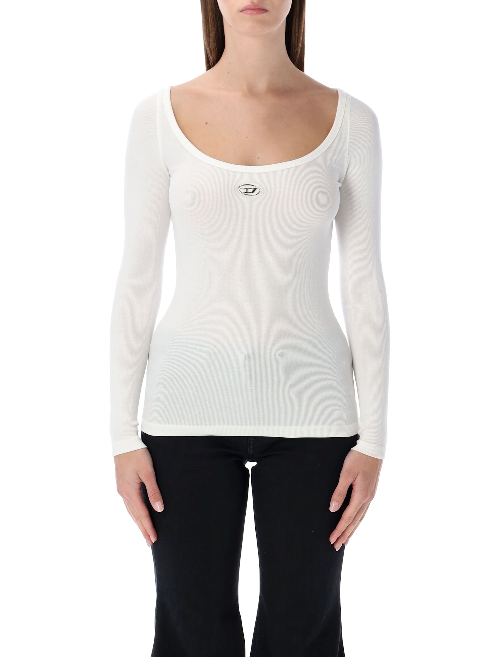 Diesel T-bal-od Long-sleeve Ribbed Cotton Top In White