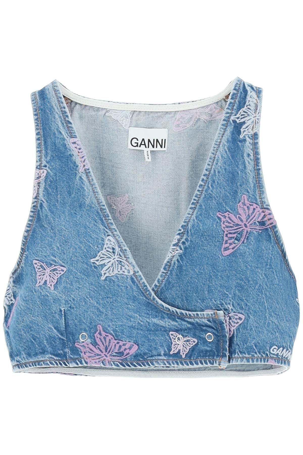 GANNI BUTTERFLY DENIM CROPPED TOP