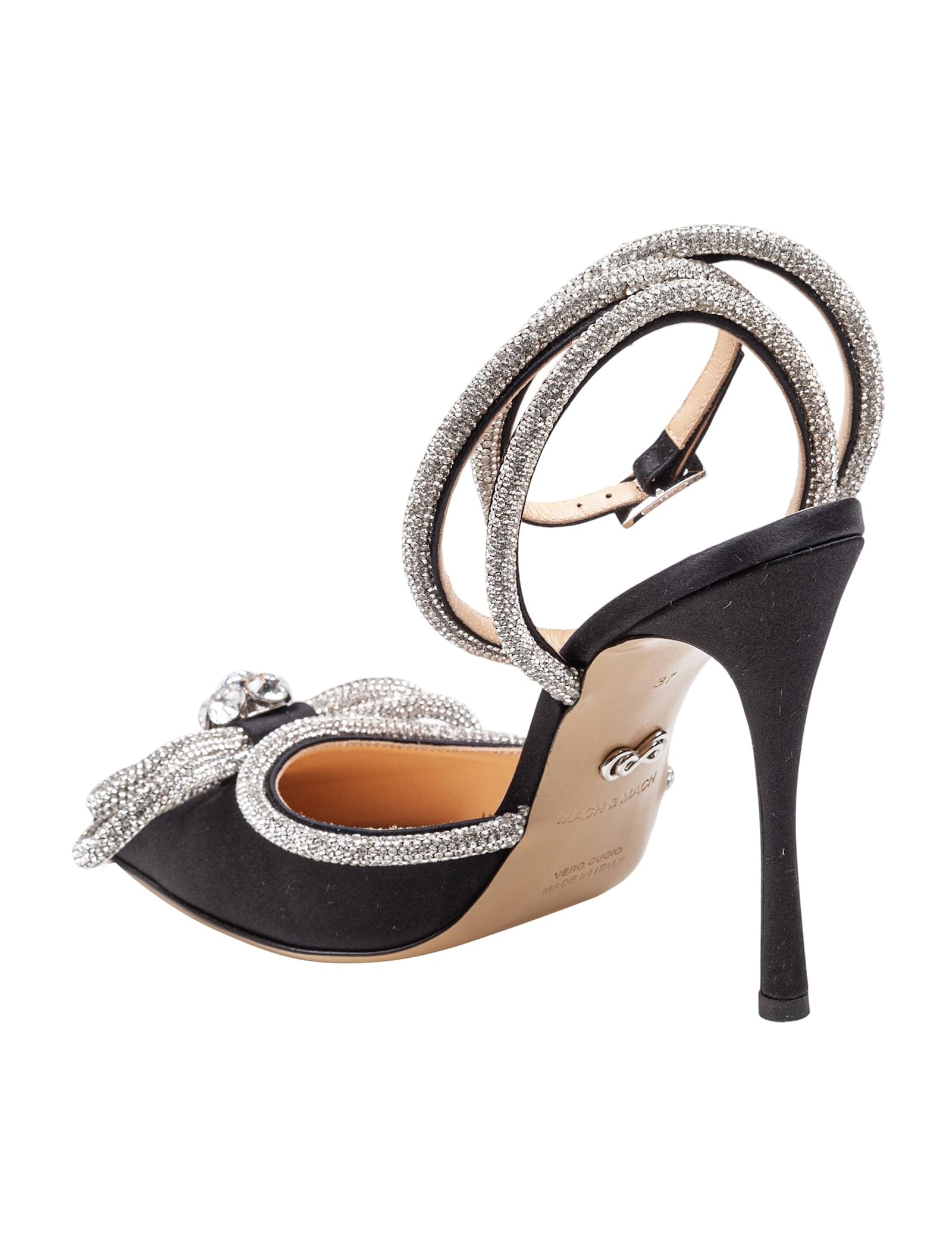 Mach & Mach Satin Double Decollete With Rhinestone Bow In Black