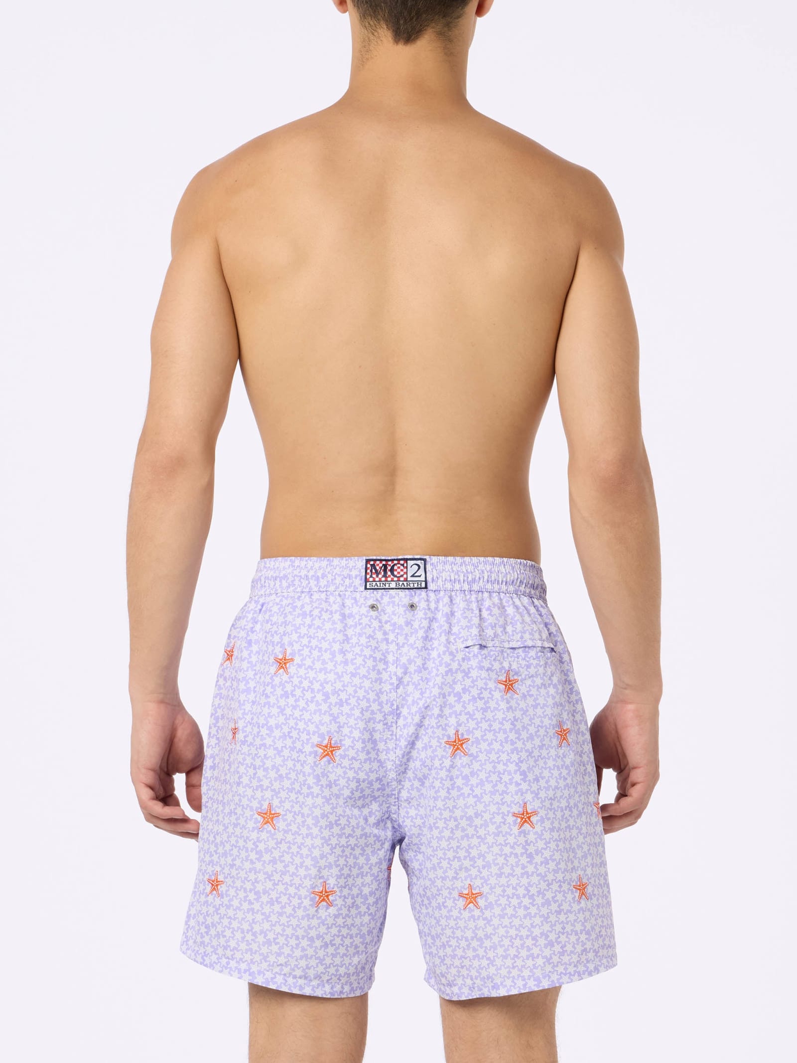 Mc2 Saint Barth Man Lightweight Fabric Swim-shorts Lighting With Seastars Embroidery In Pink