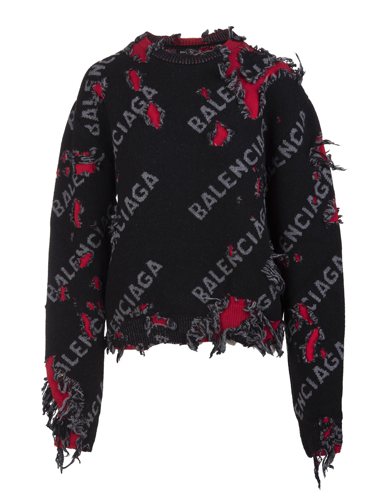 Balenciaga Man Black, Grey And Red Small Destroyed Round-neck Pullover