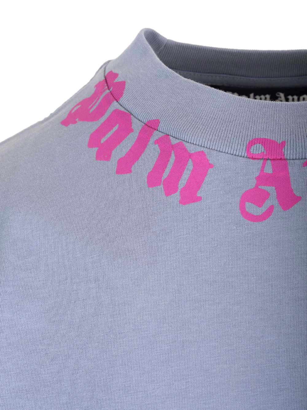 Shop Palm Angels Neck Logo T-shirt In Light Grey Fuchsia