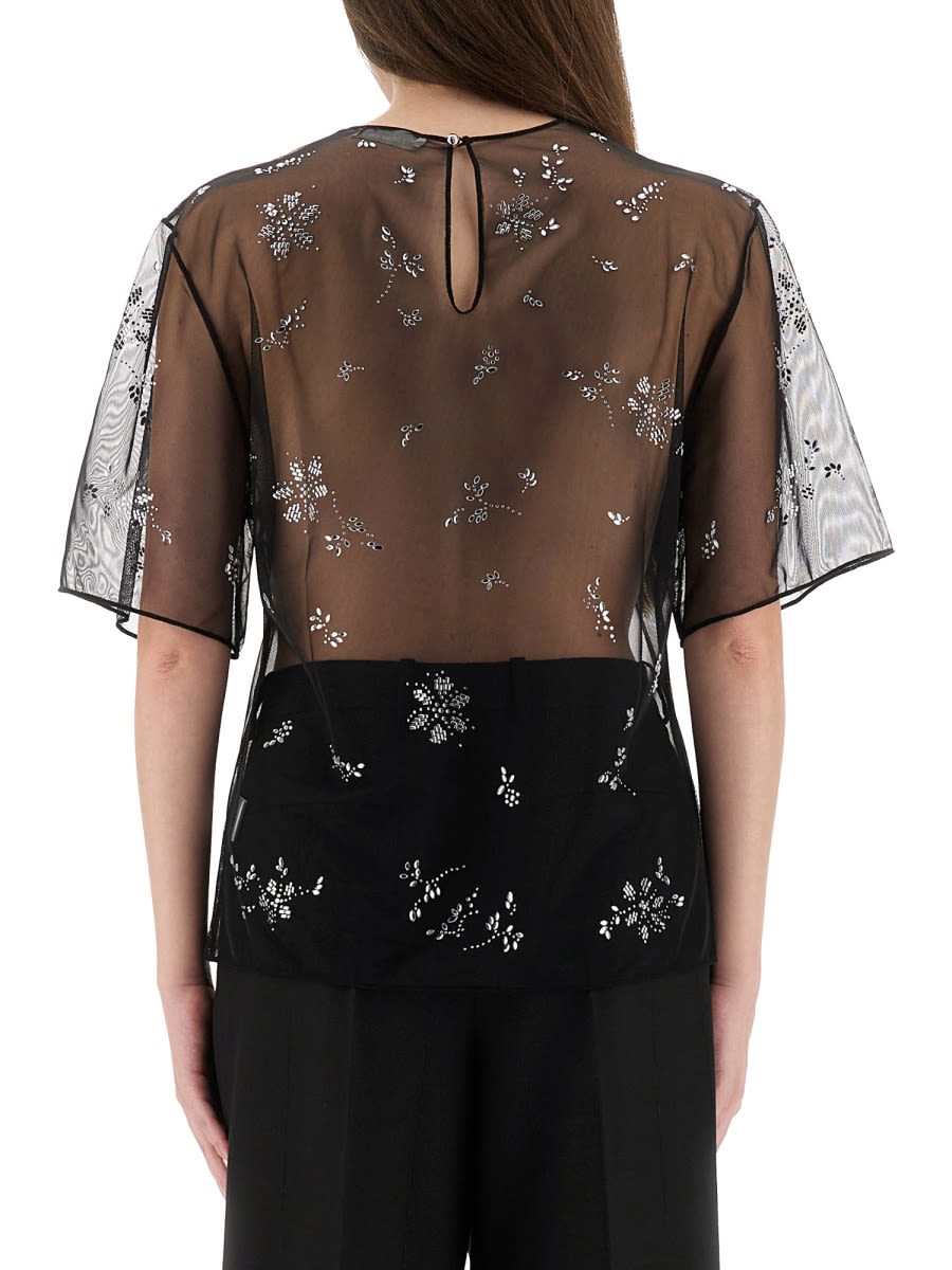 Rabanne Sheer Floral Embellished Short Sleeve Top In Black