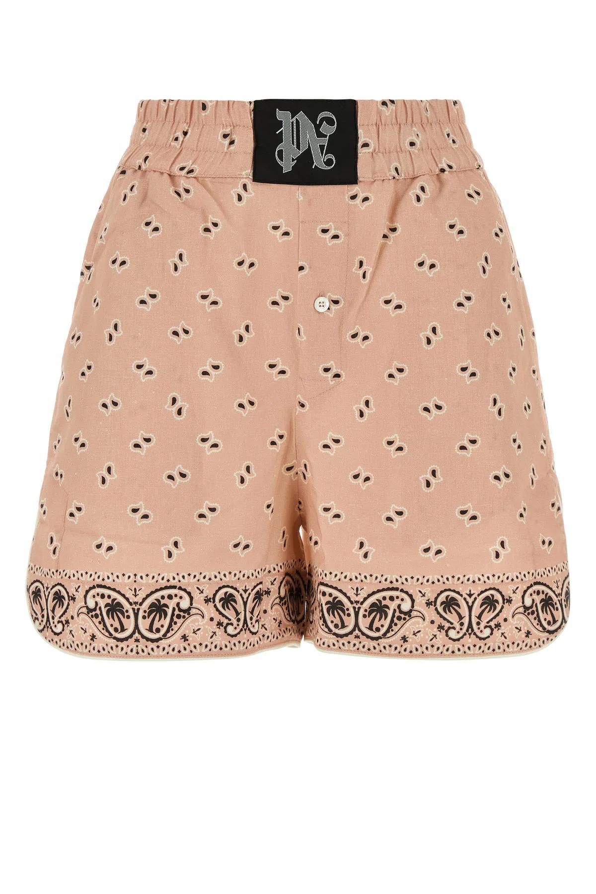 Palm Angels Printed Linen Blend Shorts In Pink/black