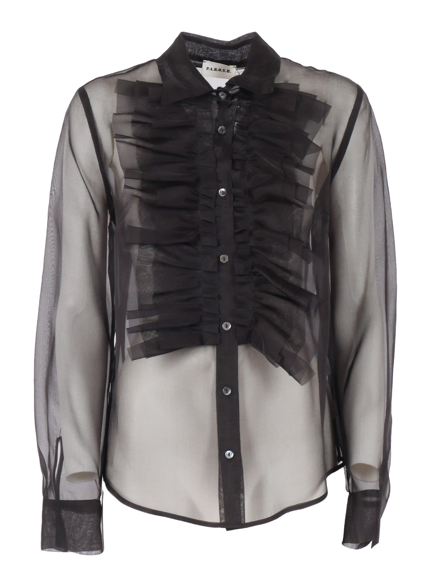 P.a.r.o.s.h Silk Sheer Shirt With Ruffled Front In Black