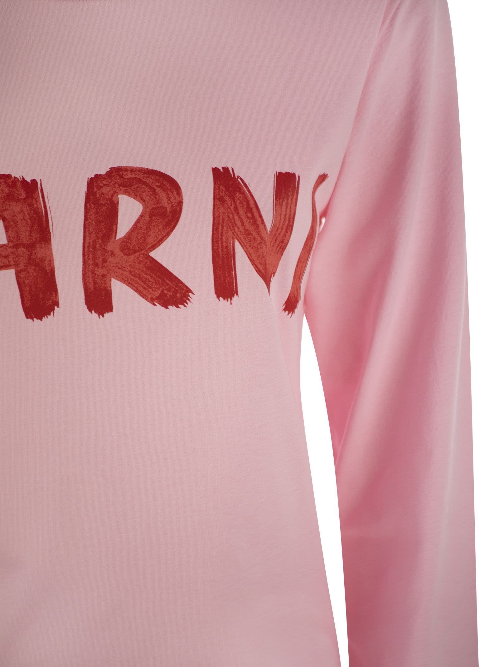 Shop Marni Long-sleeved Cotton T-shirt With  Lettering In Pink