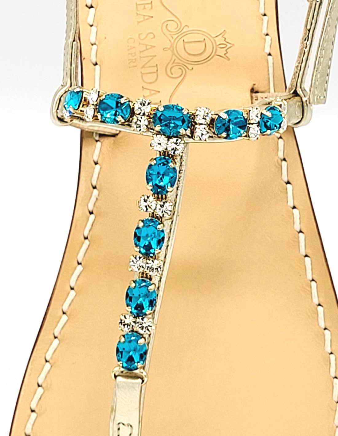 Dea Sandals Sibilla Green Amber Jewel Sandals In Platinum Gold Laminated, Petrol, Amber