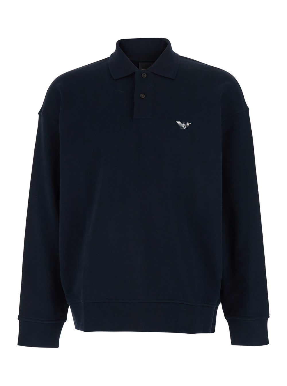 Emporio Armani Blue Sweatshirt With Polo Shirt Style Collar And Logo Embroidery On The Front In Cotton Man