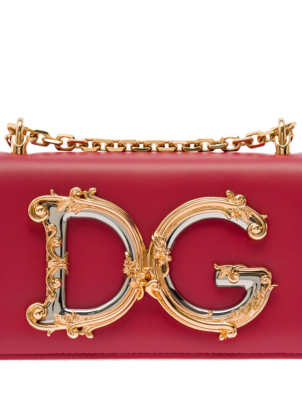 Shop Dolce & Gabbana Dg Girls Red Phone Bag With Chain Strap And Baroque Logo In Leather Woman In Multicolor