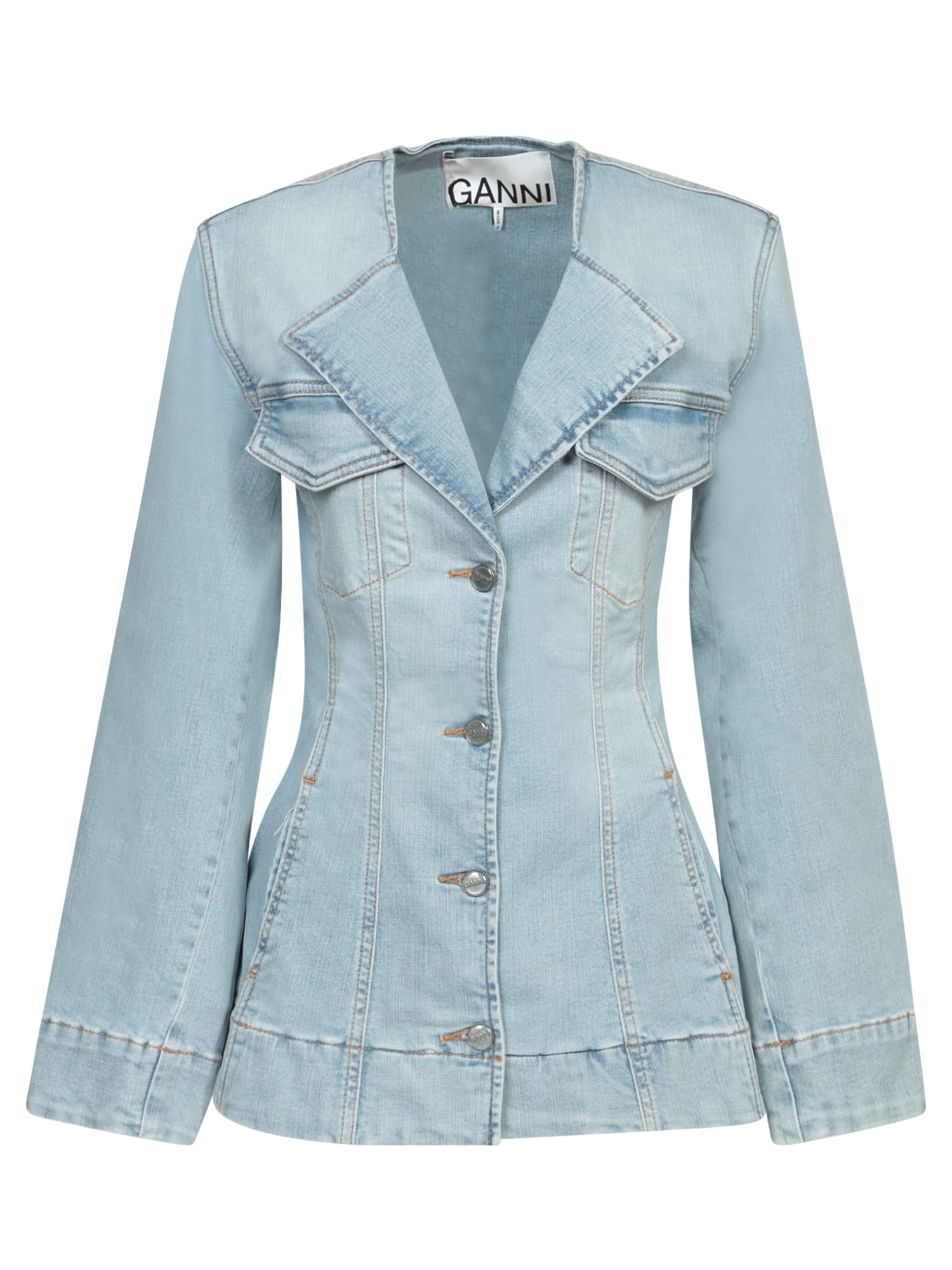 Shop Ganni Light Blue Fitted Denim Jacket