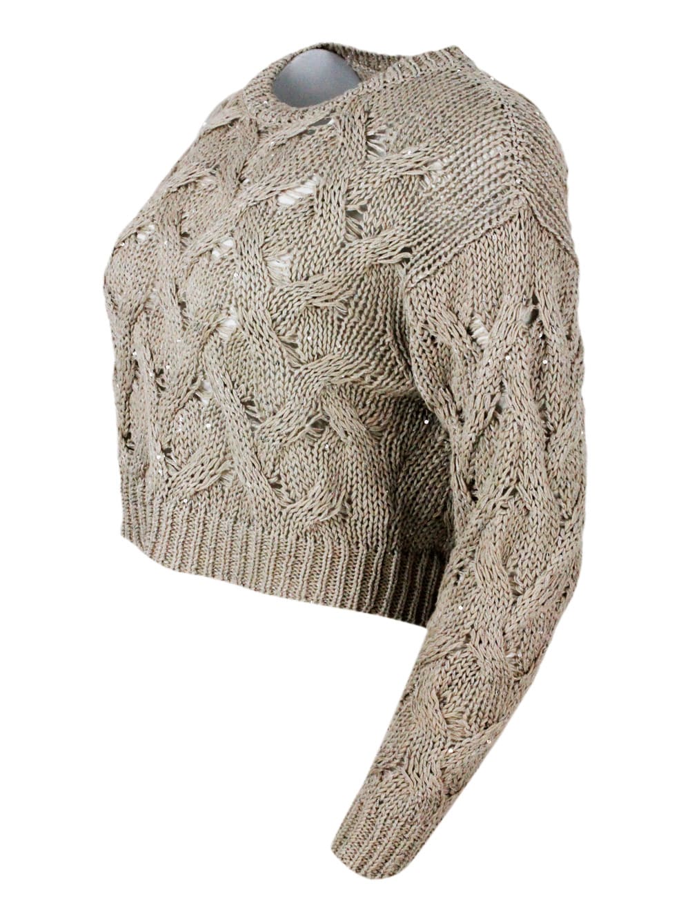 Shop Antonelli Long-sleeved Crew-neck Sweater With Braided Workmanship Embellished With Microsequins In Beige