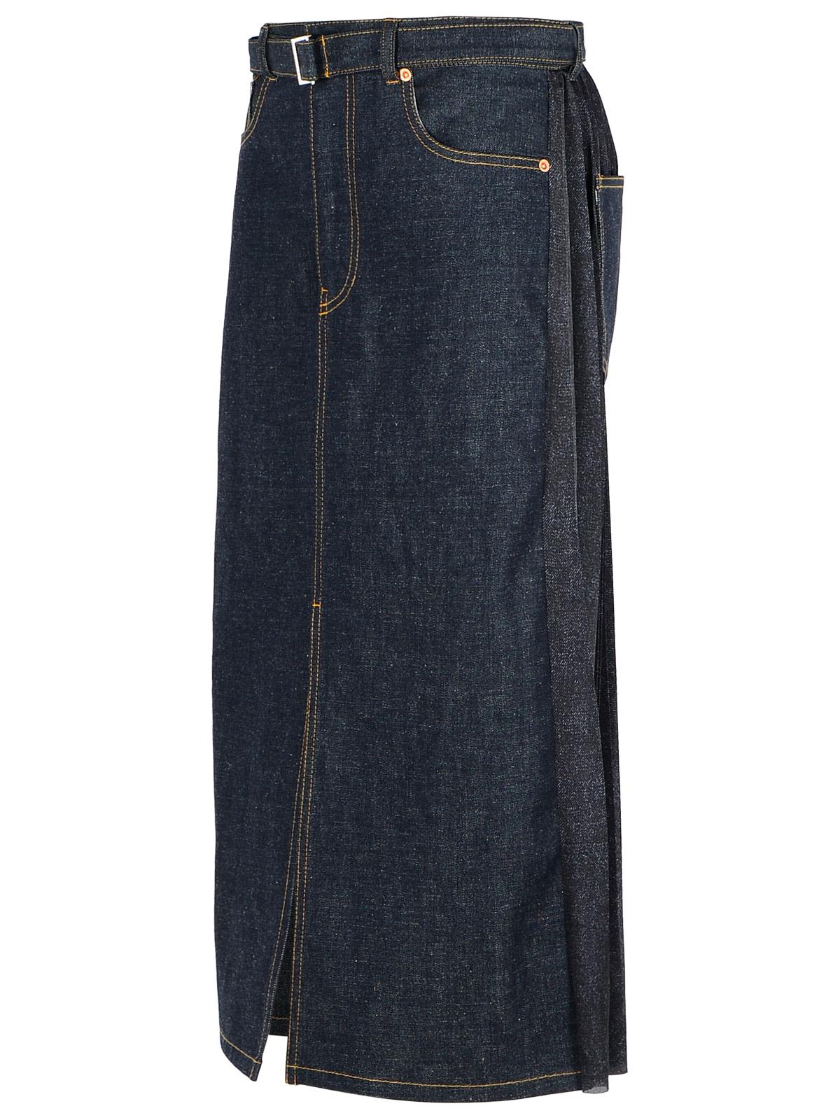 Sacai Black Denim Pleated Skirt With Adjustable Waist Belt In Blue
