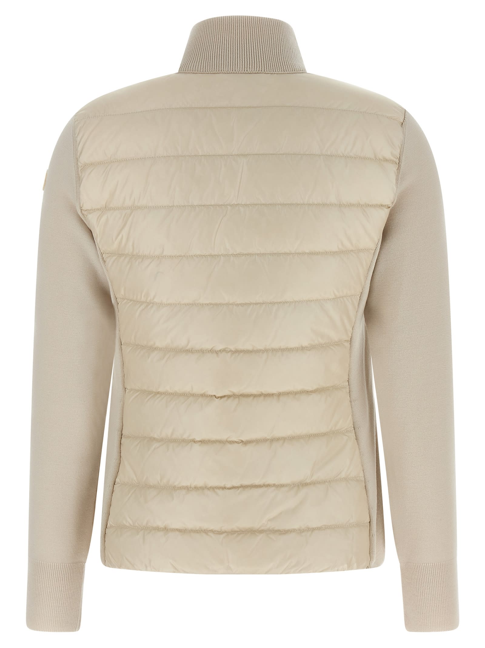 Moncler Quilted High Neck Two-material Cardigan With Feather Padding In Neutral