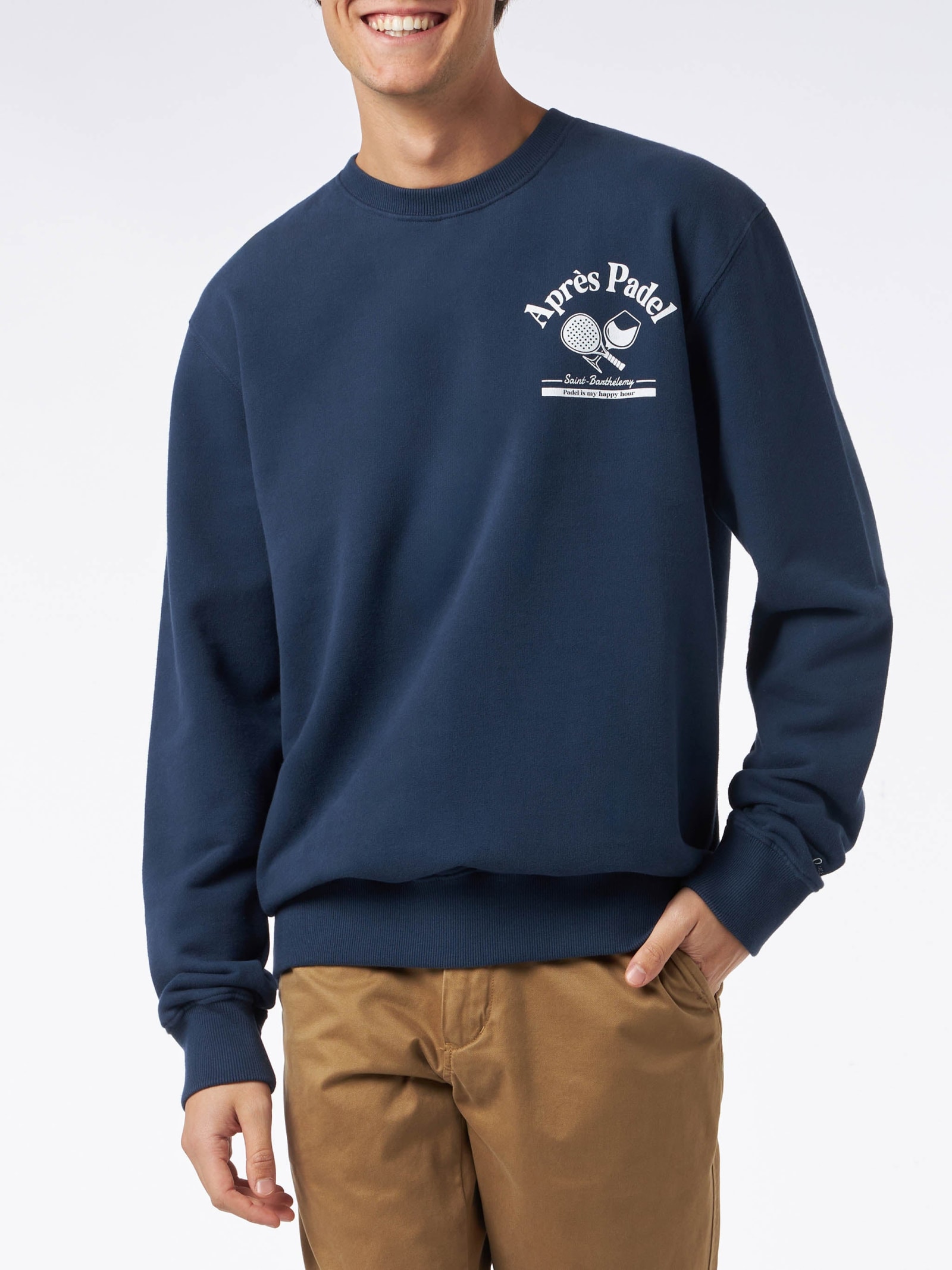 Shop Mc2 Saint Barth Man Crewneck Blue Sweatshirt With Après Padel Print