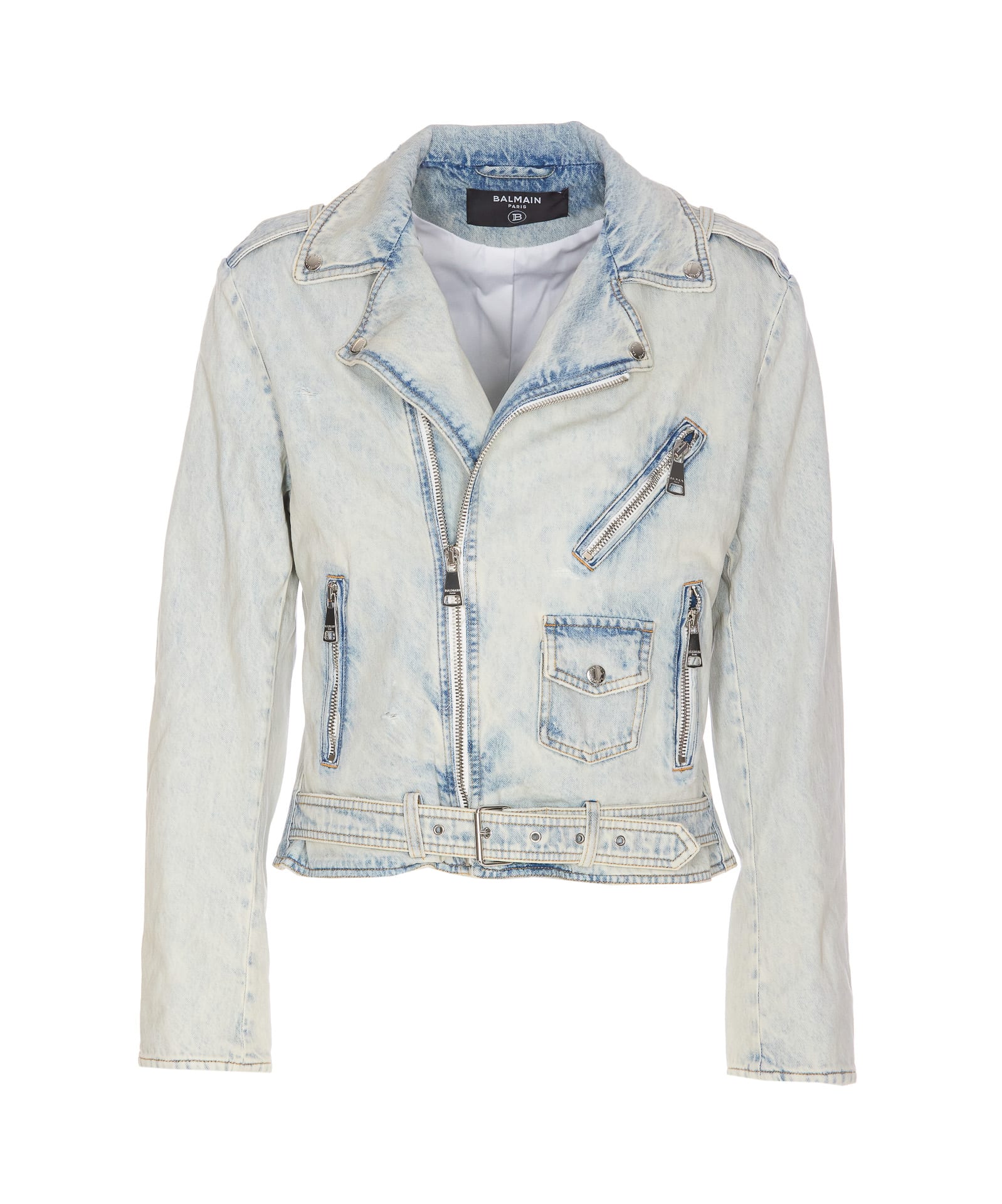 Shop Balmain Denim Biker Jacket In Blue